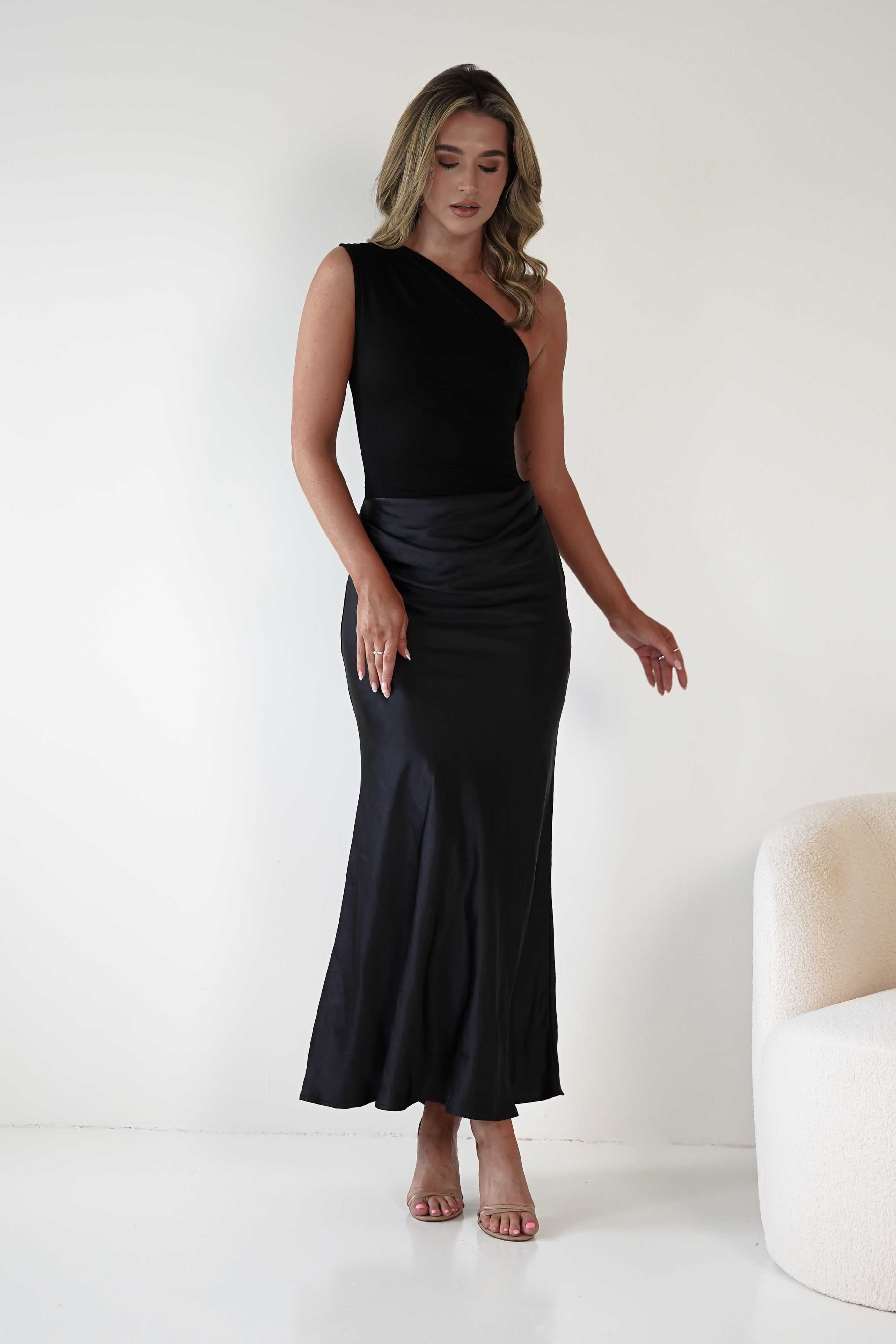 FACTORY Wedding Guest Dresses Kashia Draped Satin Maxi Dress | Black