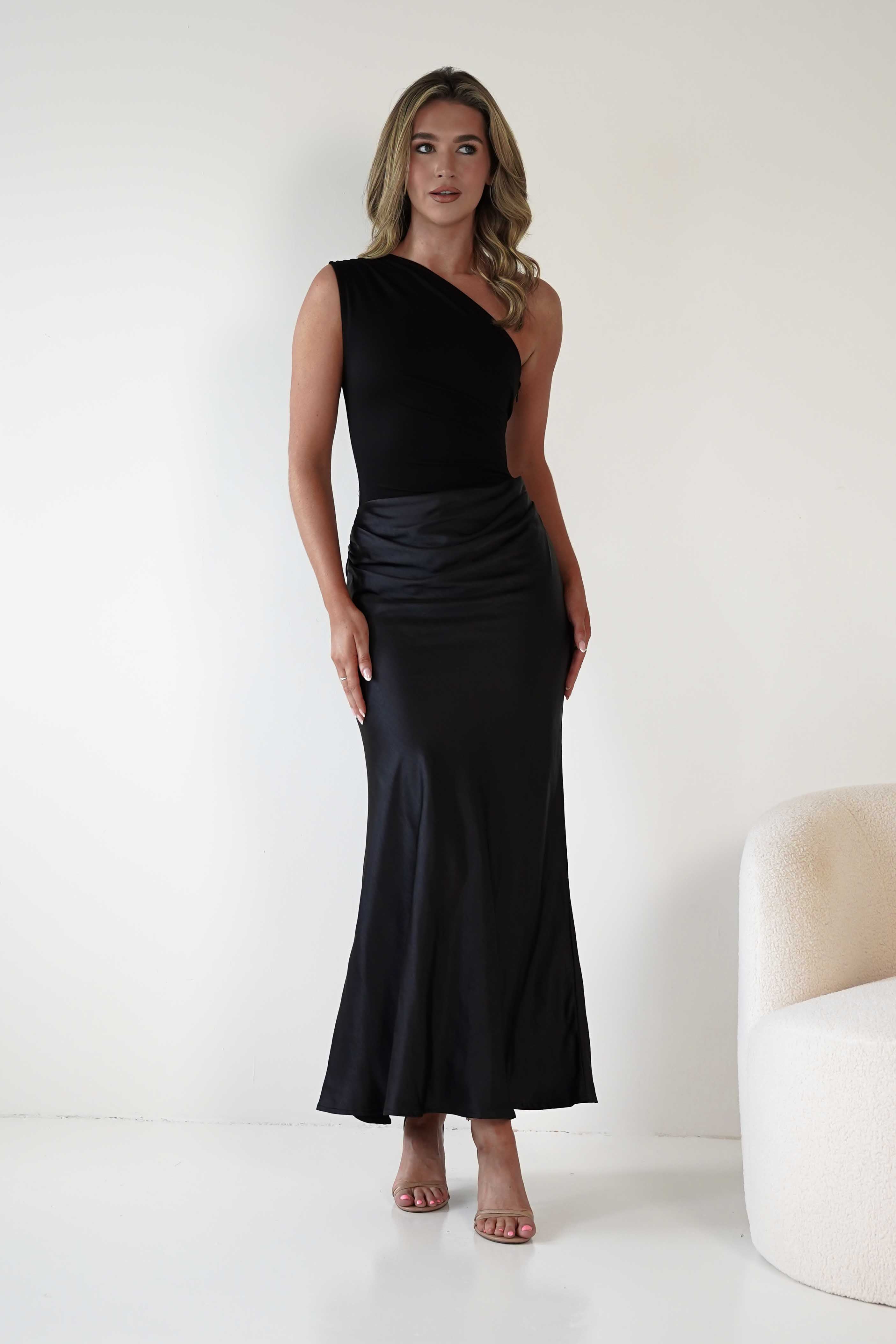 FACTORY Wedding Guest Dresses Kashia Draped Satin Maxi Dress | Black