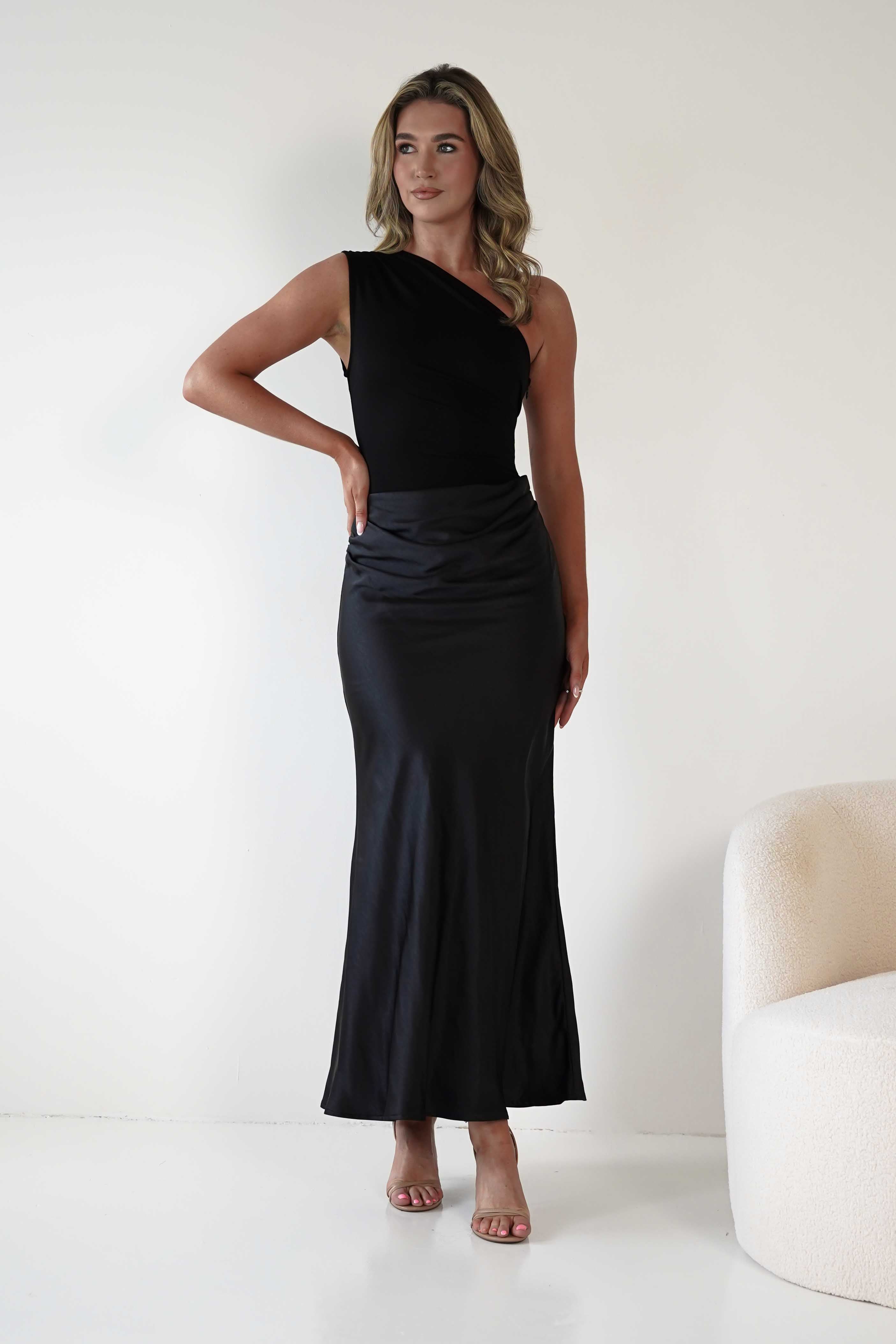 FACTORY Wedding Guest Dresses Kashia Draped Satin Maxi Dress | Black
