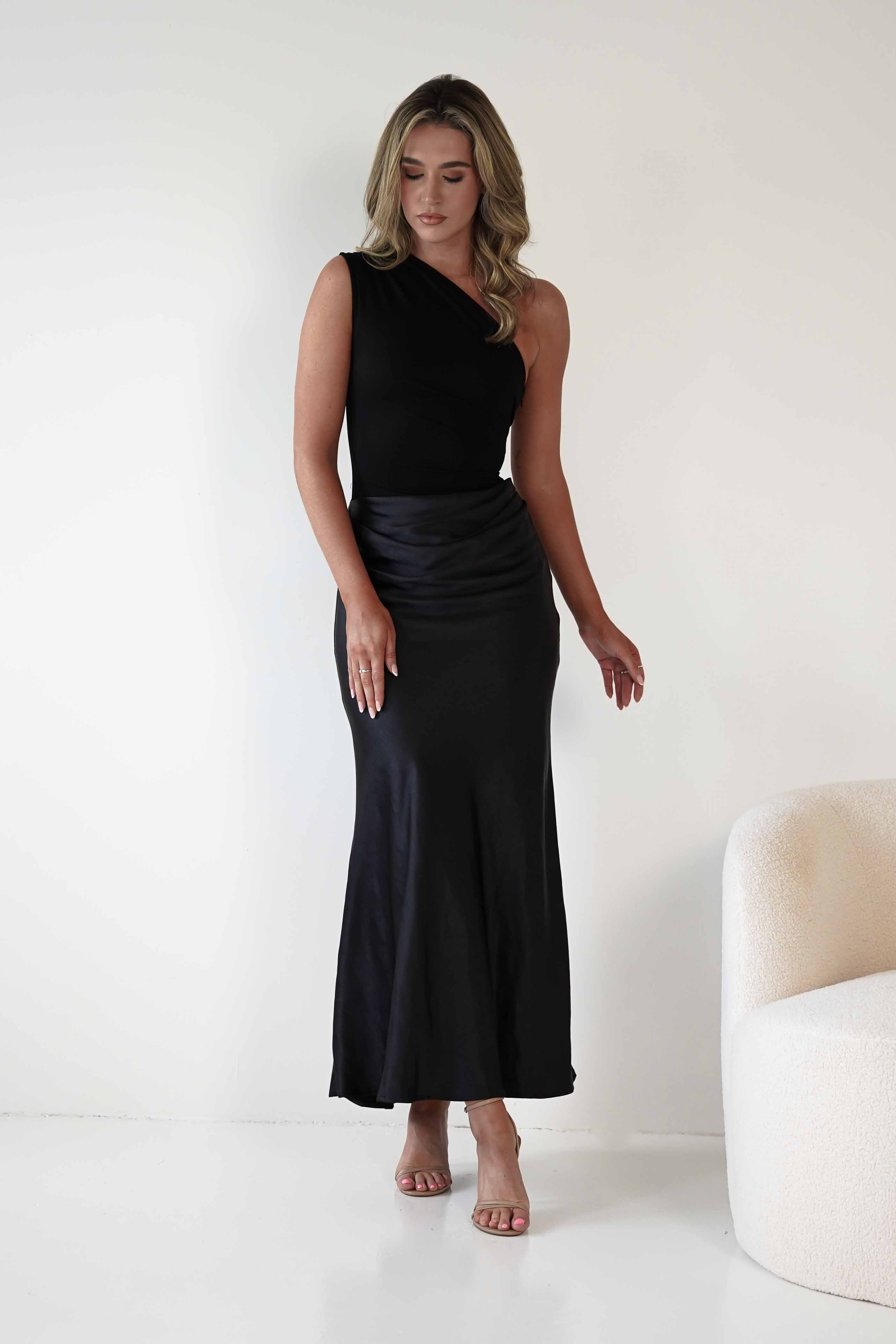 FACTORY Wedding Guest Dresses Kashia Draped Satin Maxi Dress | Black