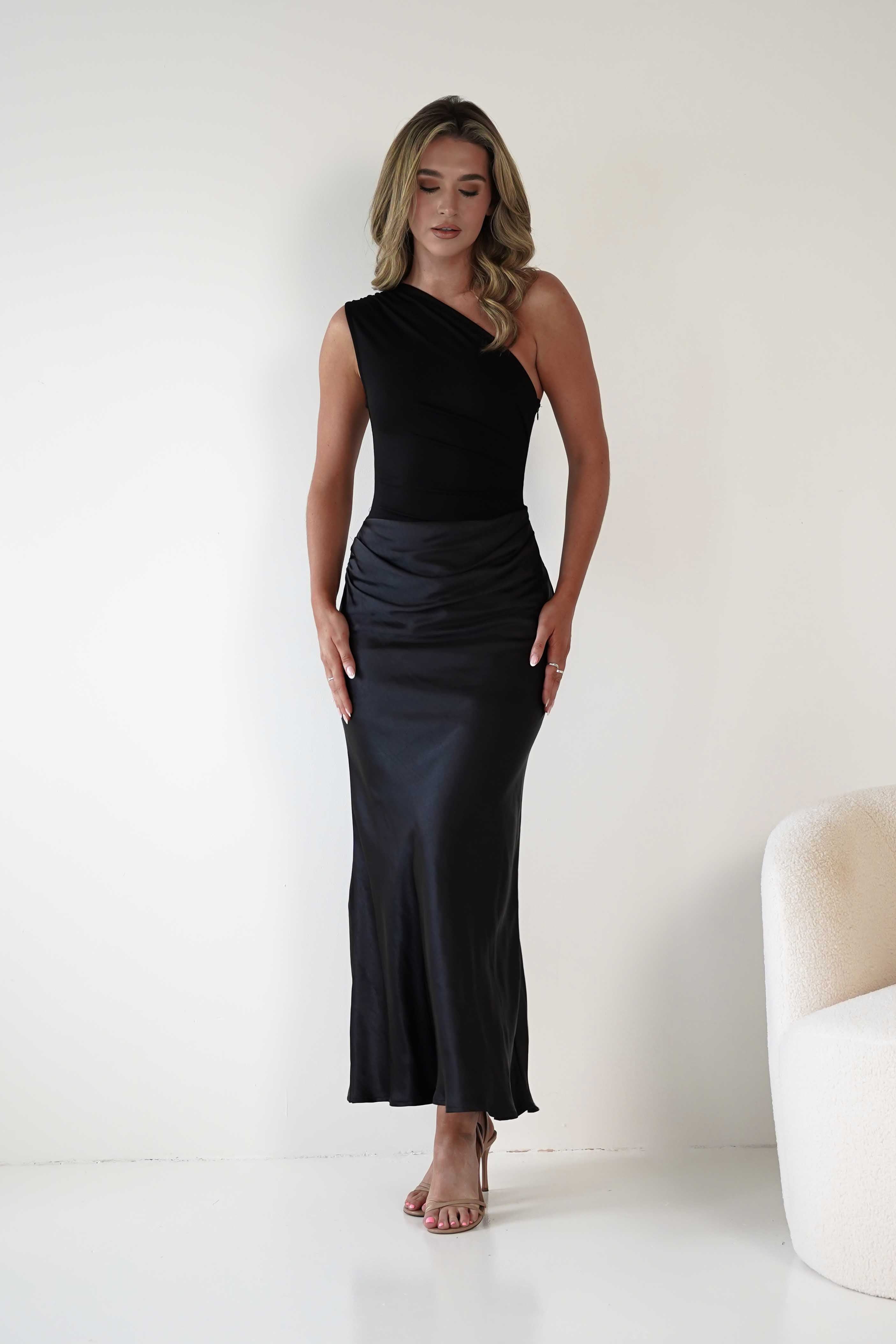 FACTORY Wedding Guest Dresses Kashia Draped Satin Maxi Dress | Black