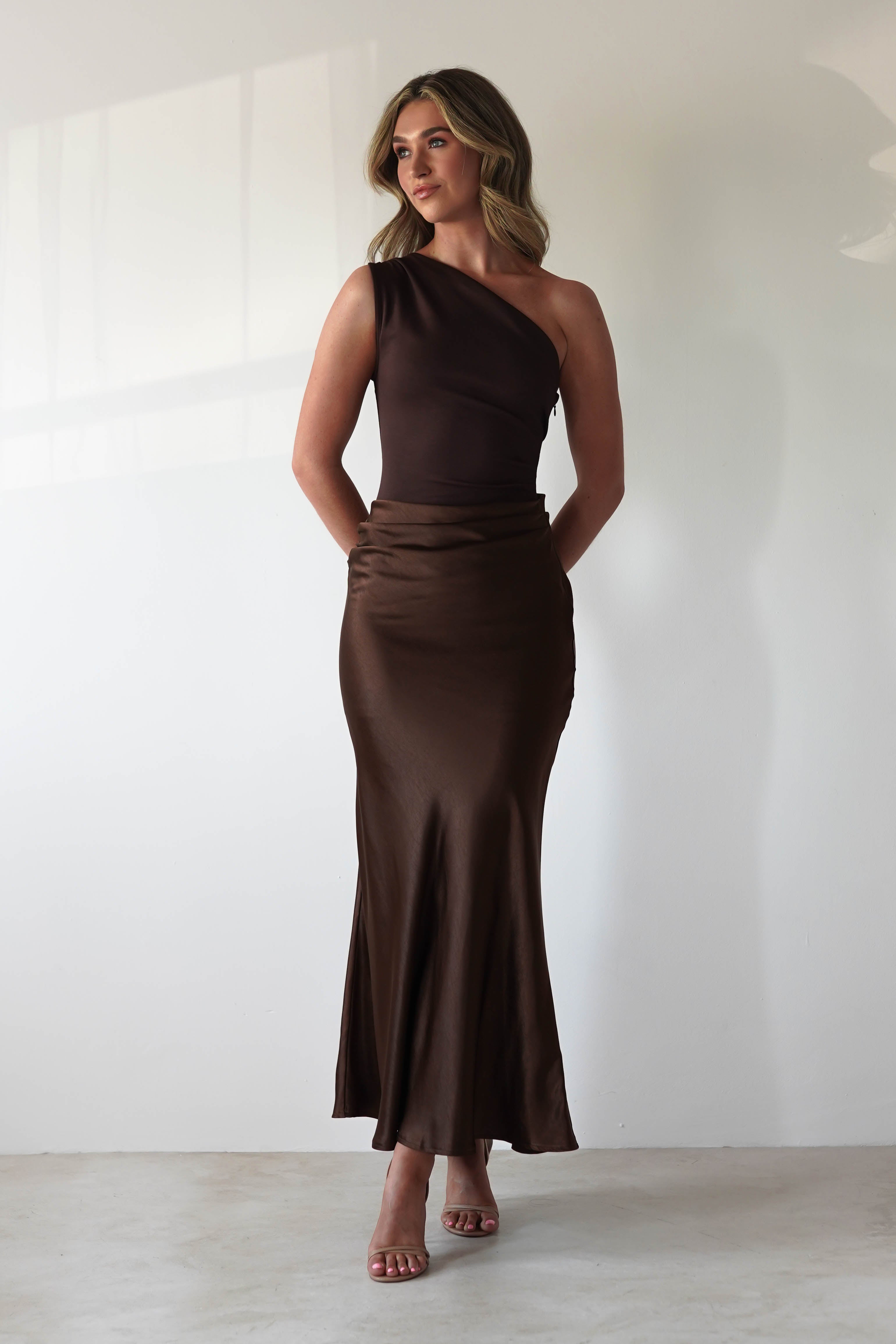 FACTORY Wedding Guest Dresses Kashia Draped Satin Maxi Dress | Brown