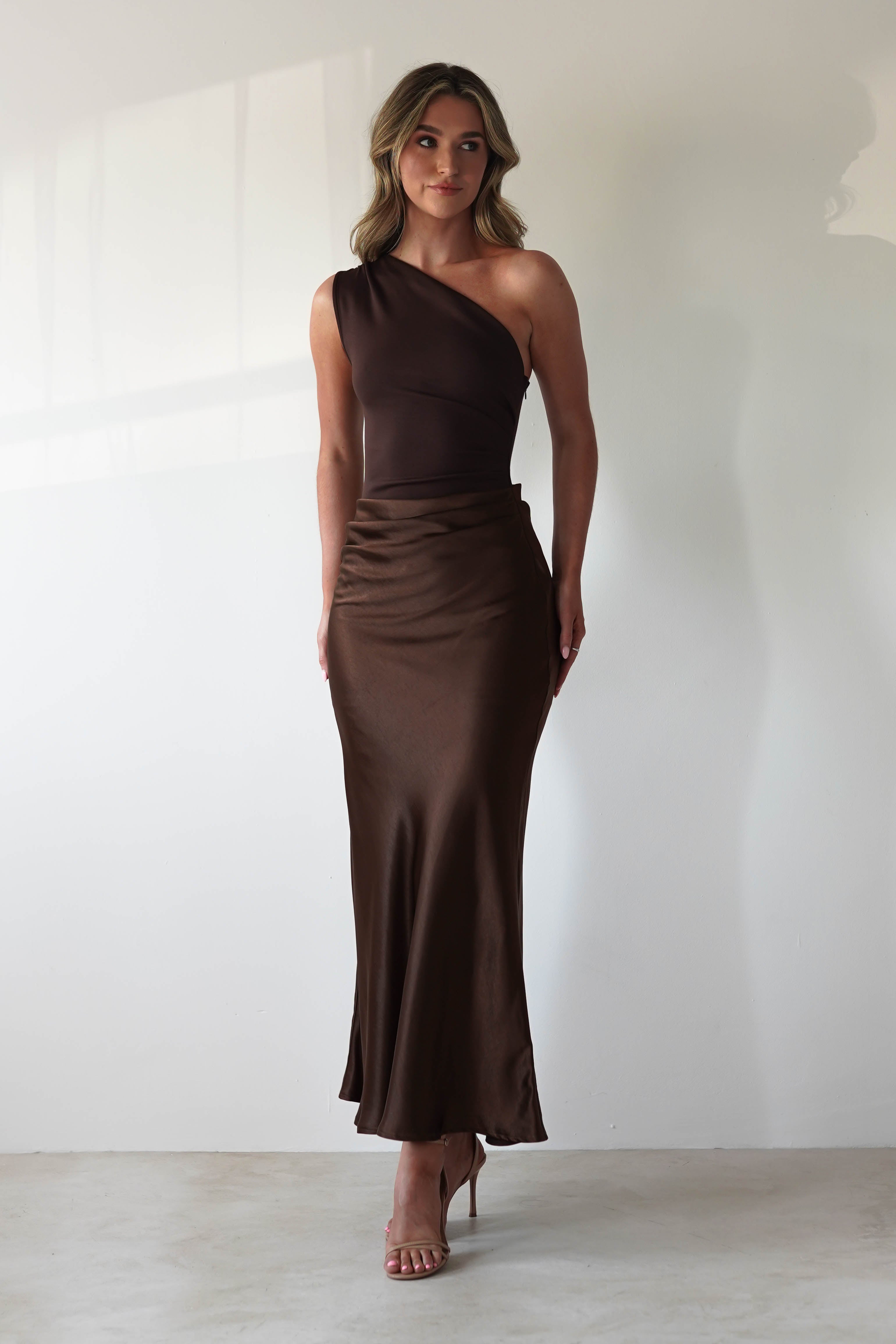 FACTORY Wedding Guest Dresses Kashia Draped Satin Maxi Dress | Brown