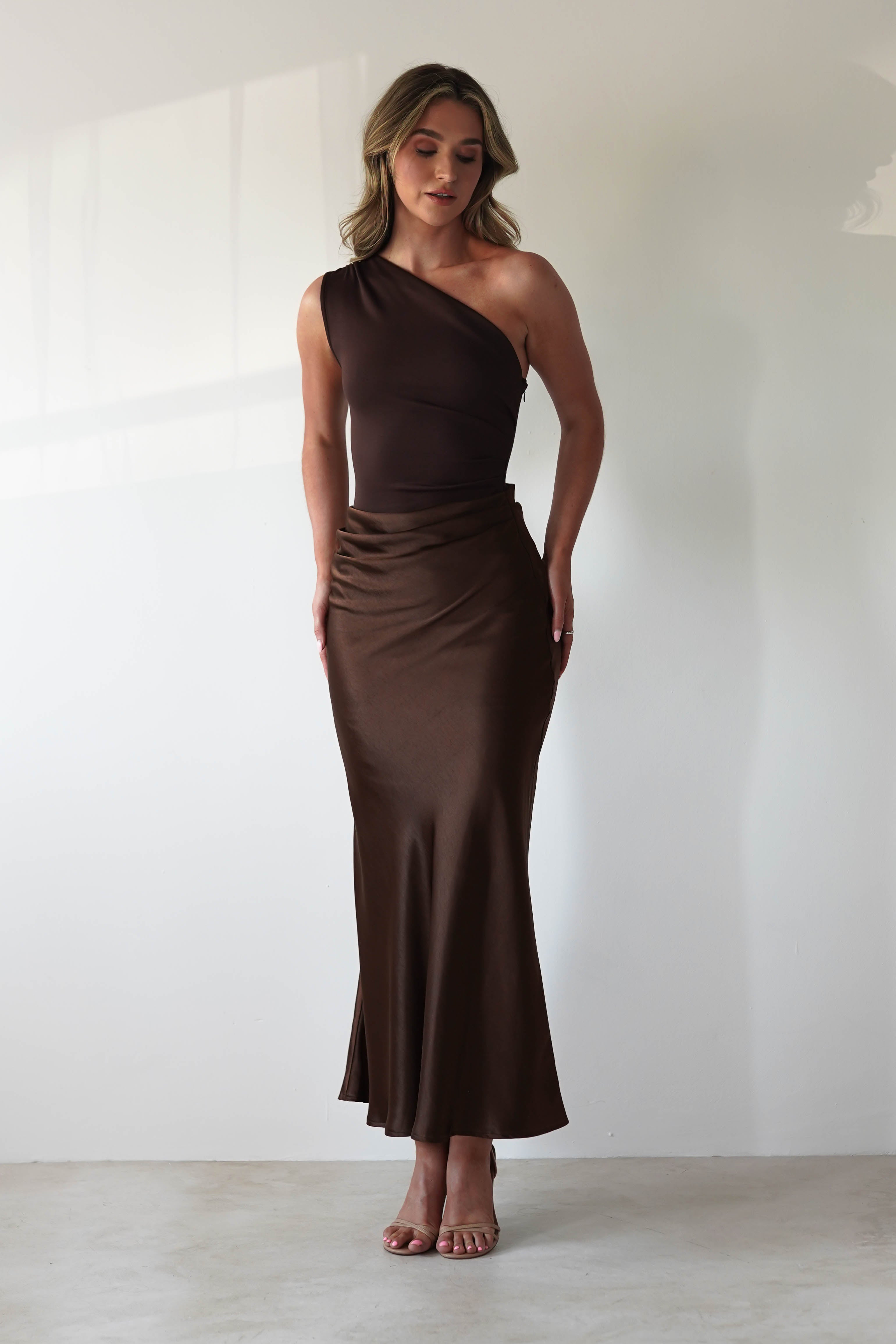 FACTORY Wedding Guest Dresses Kashia Draped Satin Maxi Dress | Brown