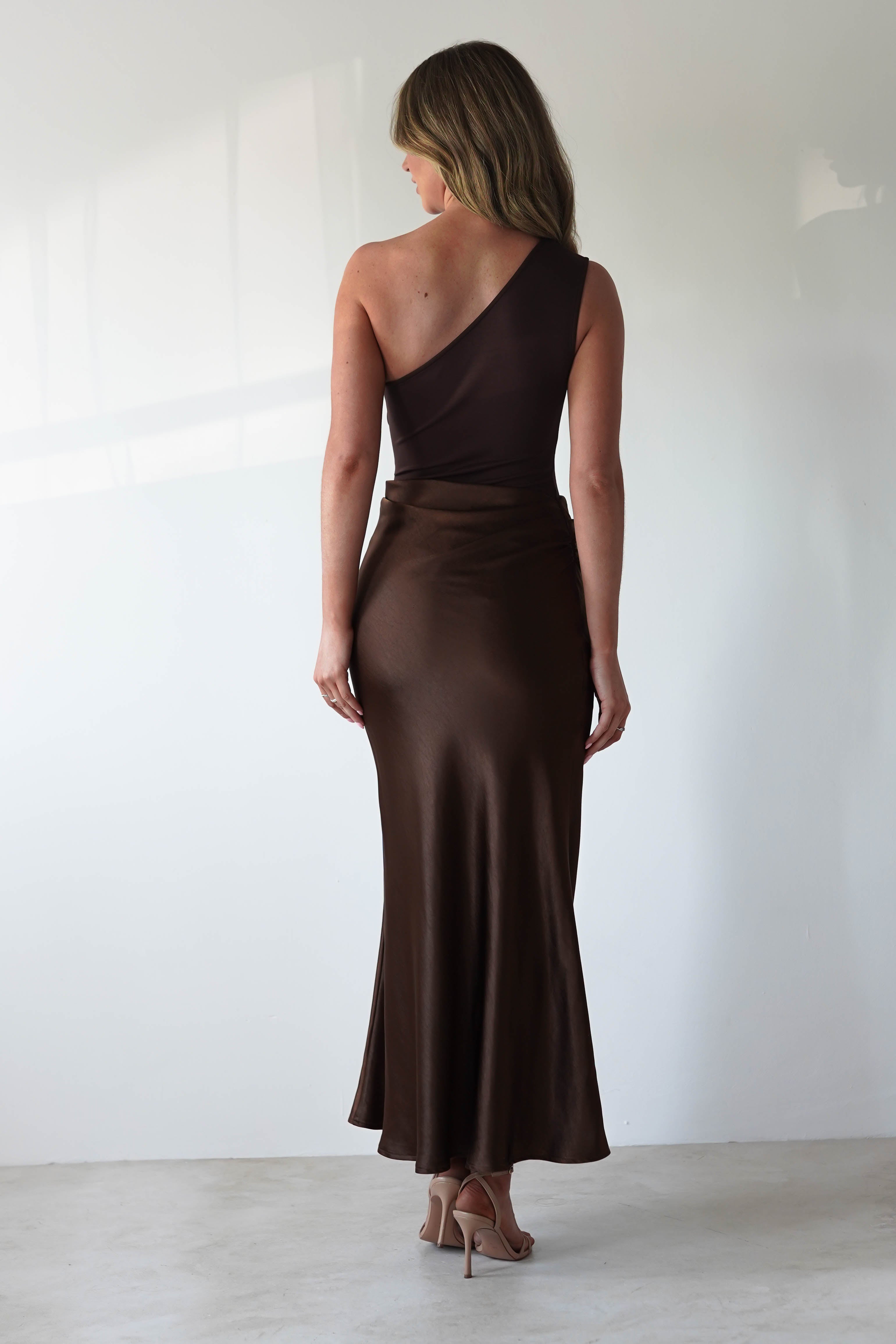 FACTORY Wedding Guest Dresses Kashia Draped Satin Maxi Dress | Brown
