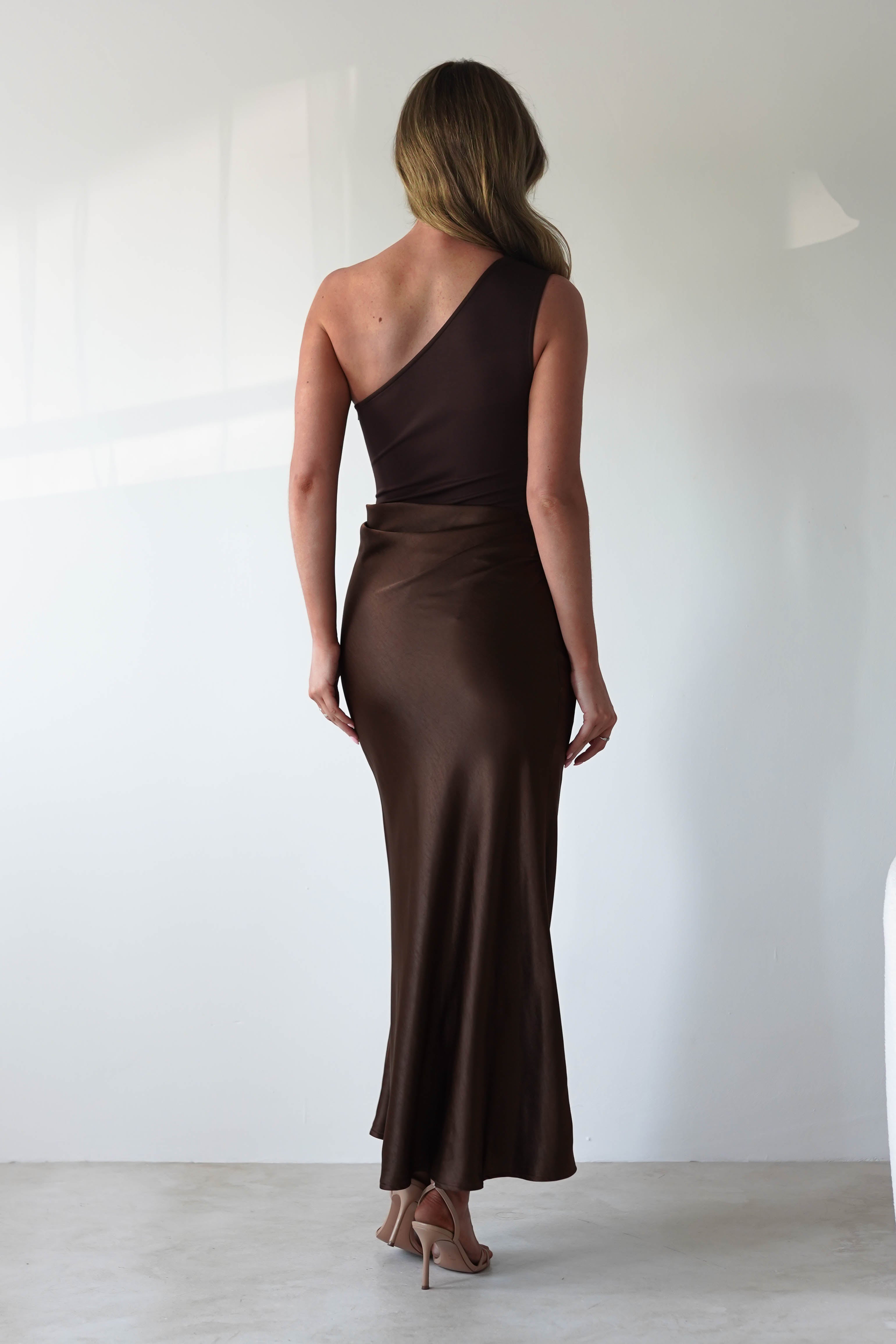 FACTORY Wedding Guest Dresses Kashia Draped Satin Maxi Dress | Brown