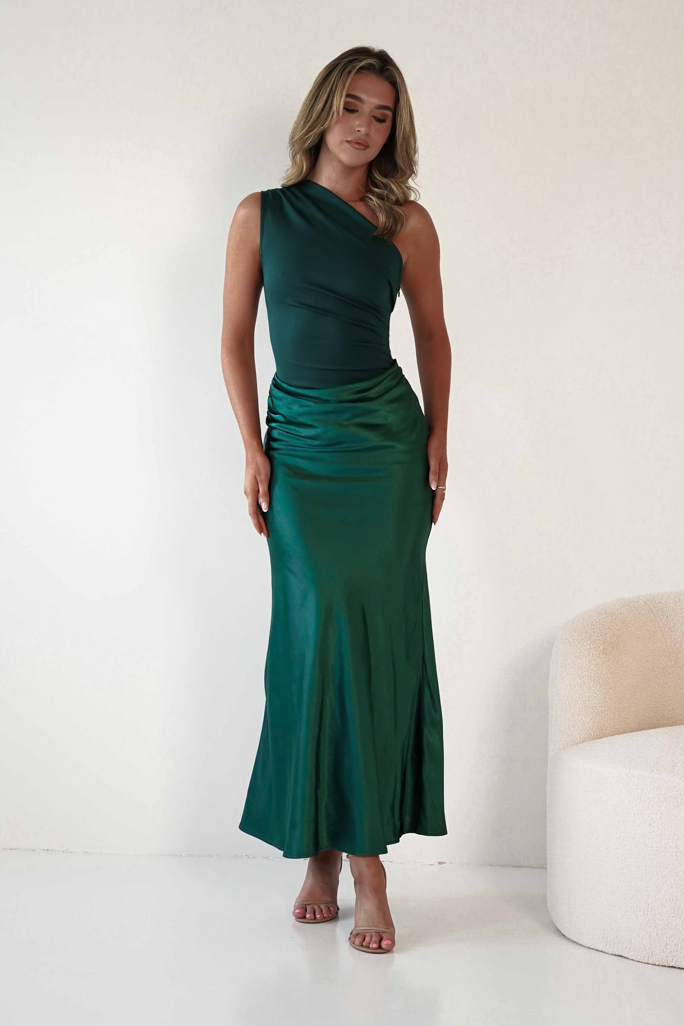 FACTORY Wedding Guest Dresses Kashia Draped Satin Maxi Dress | Emerald Green