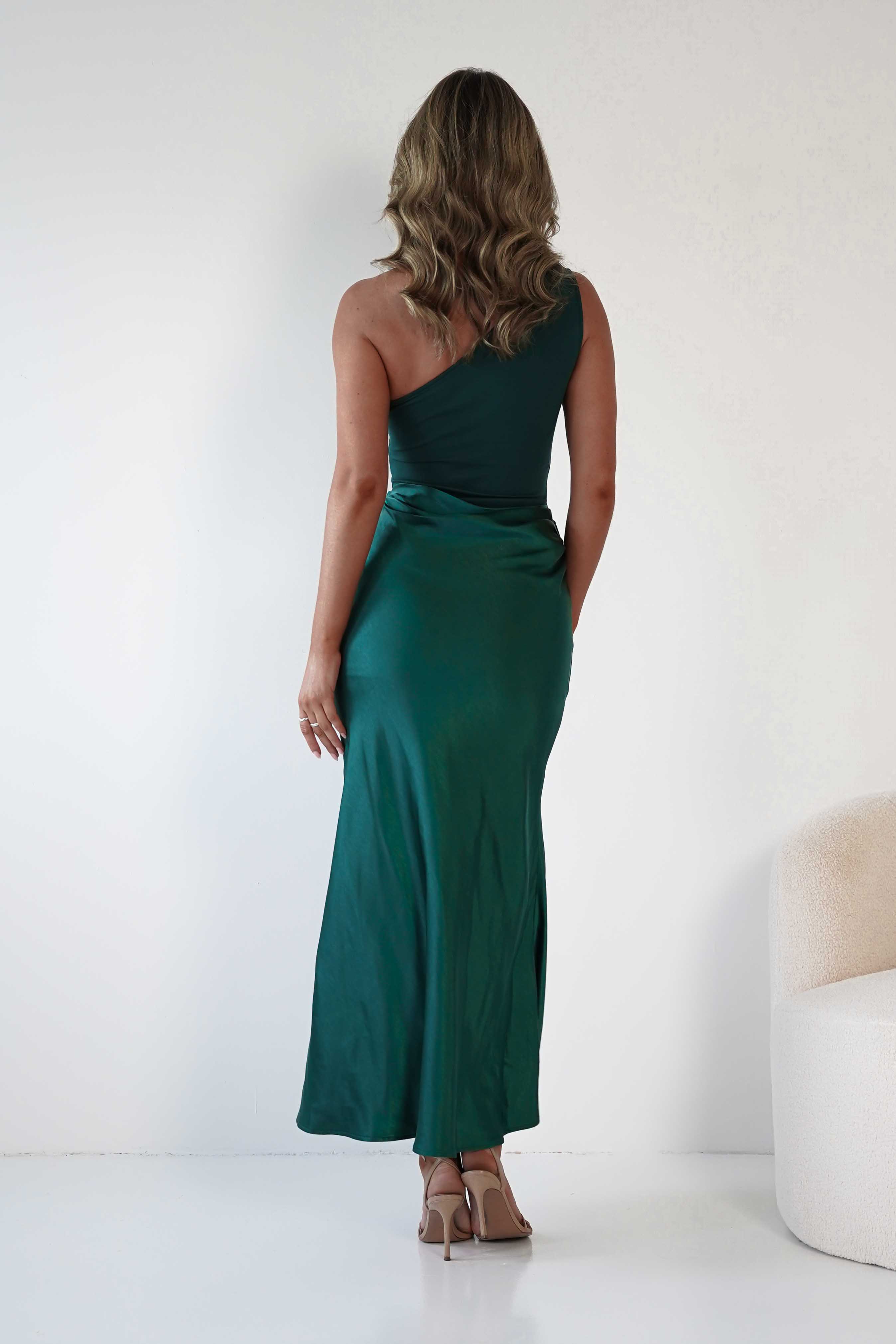 FACTORY Wedding Guest Dresses Kashia Draped Satin Maxi Dress | Emerald Green