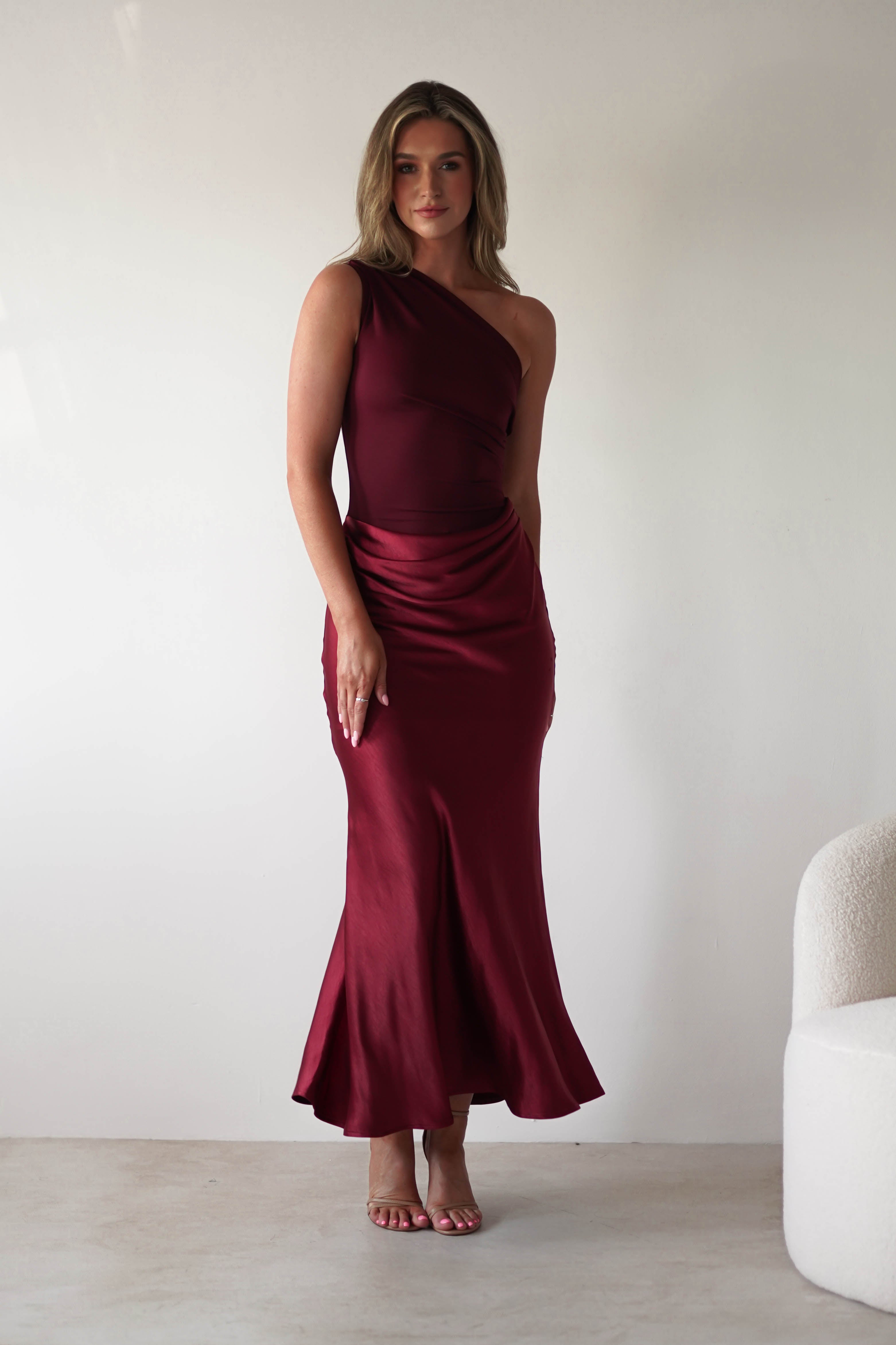 Kashia Draped Satin Maxi Dress Wine – Oh Hello Clothing