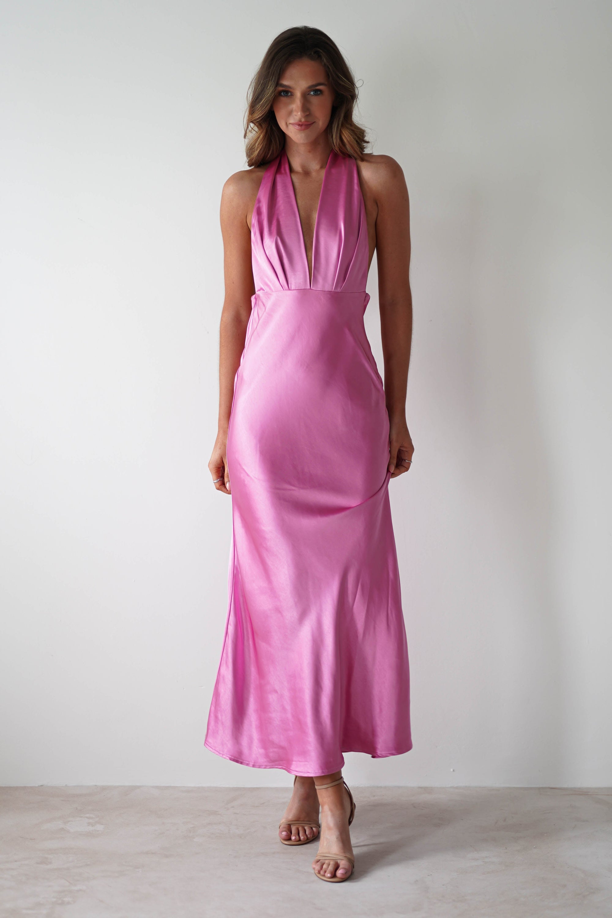 Kaylah Satin Halter Neck Maxi Dress | Bright Pink - Oh Hello Clothing