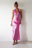 Kaylah Satin Halter Neck Maxi Dress | Bright Pink - Oh Hello Clothing