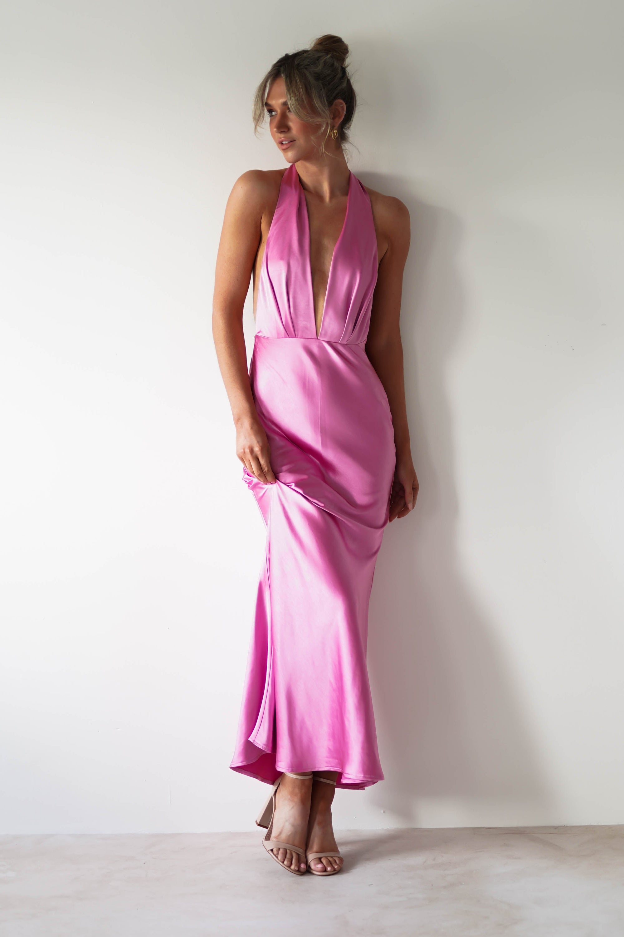 Kaylah Satin Halter Neck Maxi Dress | Bright Pink - Oh Hello Clothing