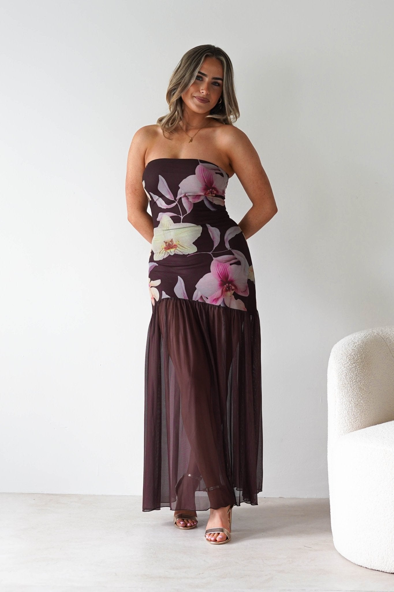 Khalani Strapless Midaxi Dress | Brown Floral | Oh Hello Clothing | XS (6)