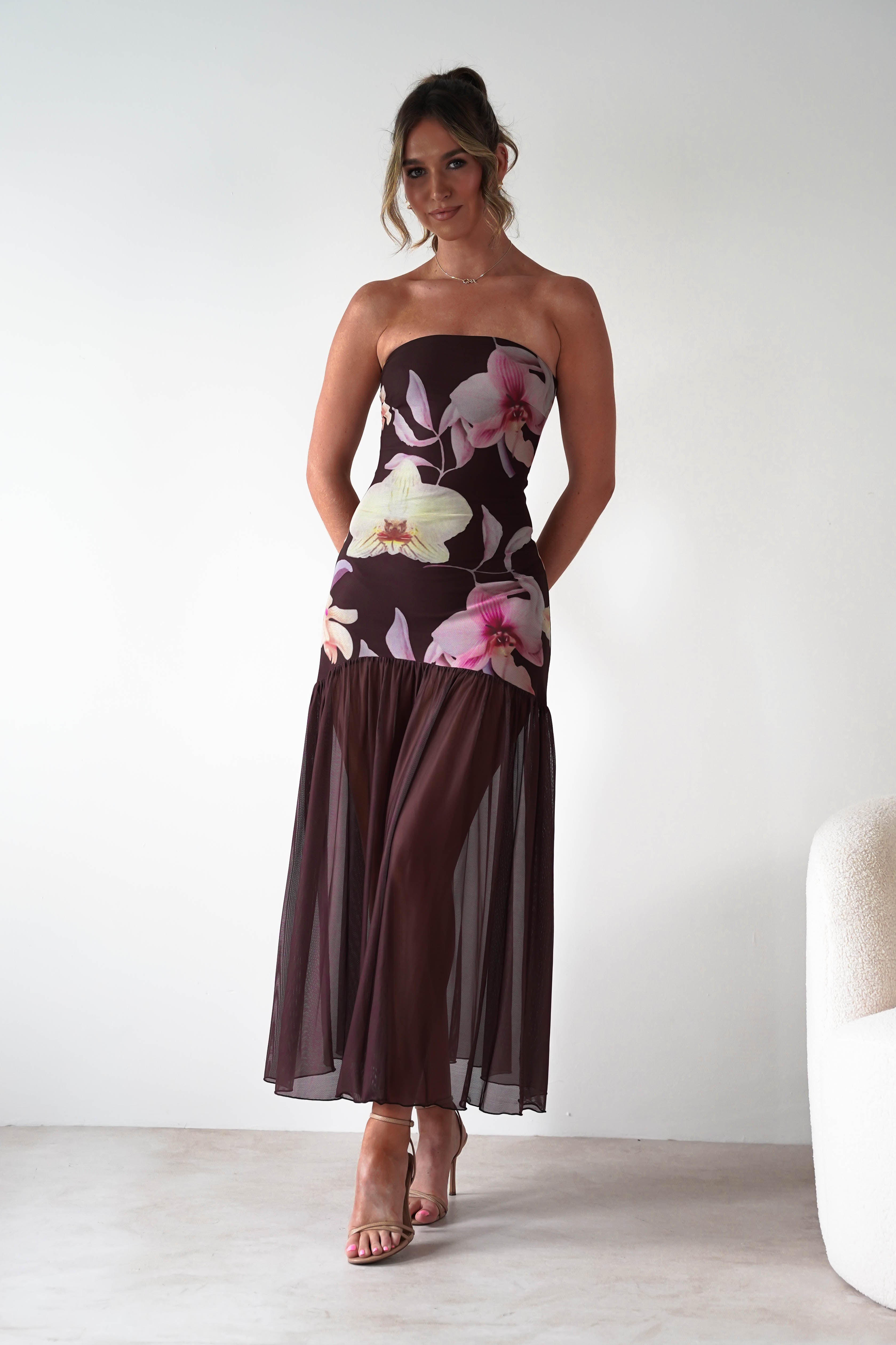 sasha Dresses Khalani Strapless Midaxi Dress | Brown Floral