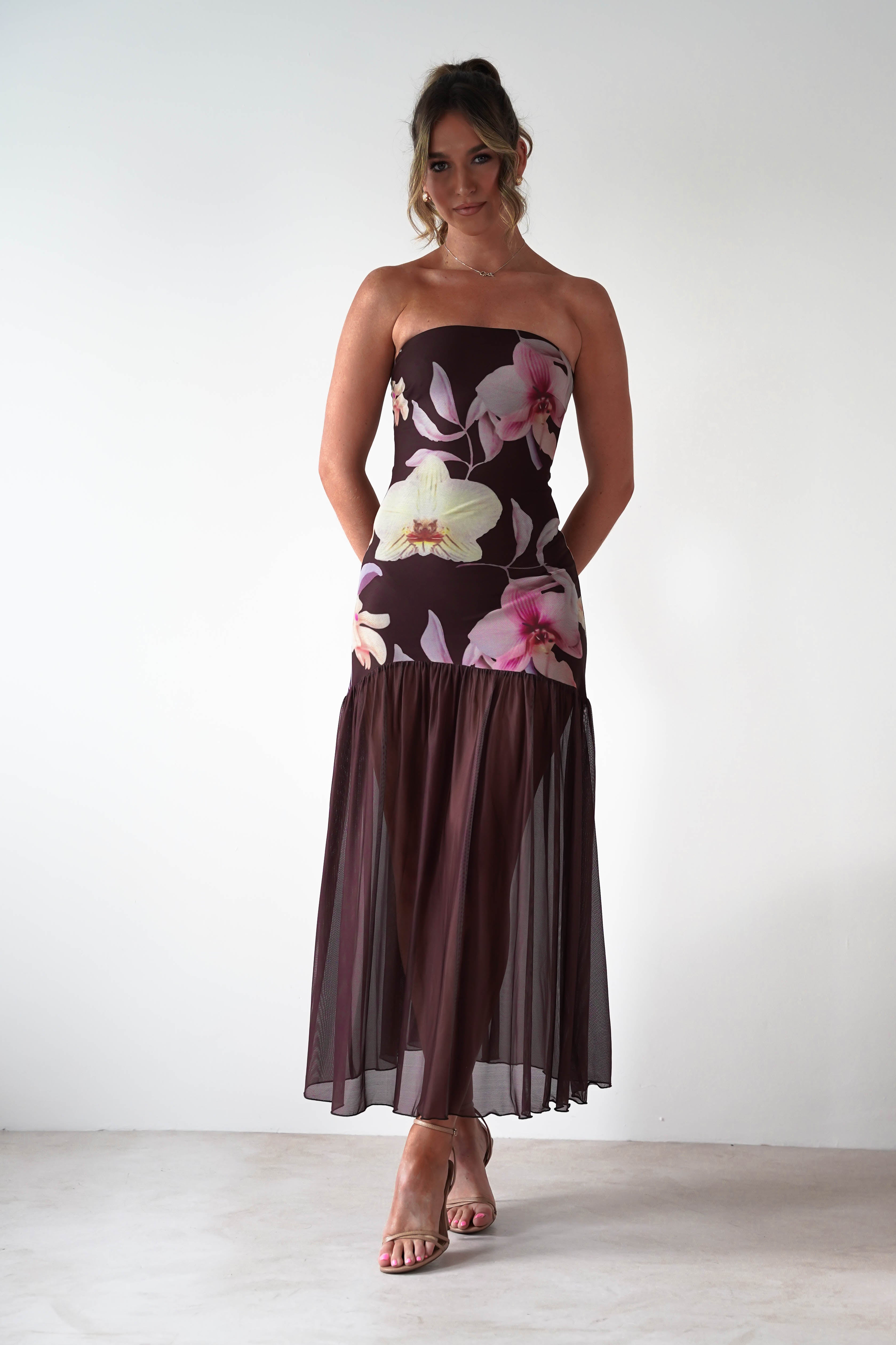 sasha Dresses Khalani Strapless Midaxi Dress | Brown Floral
