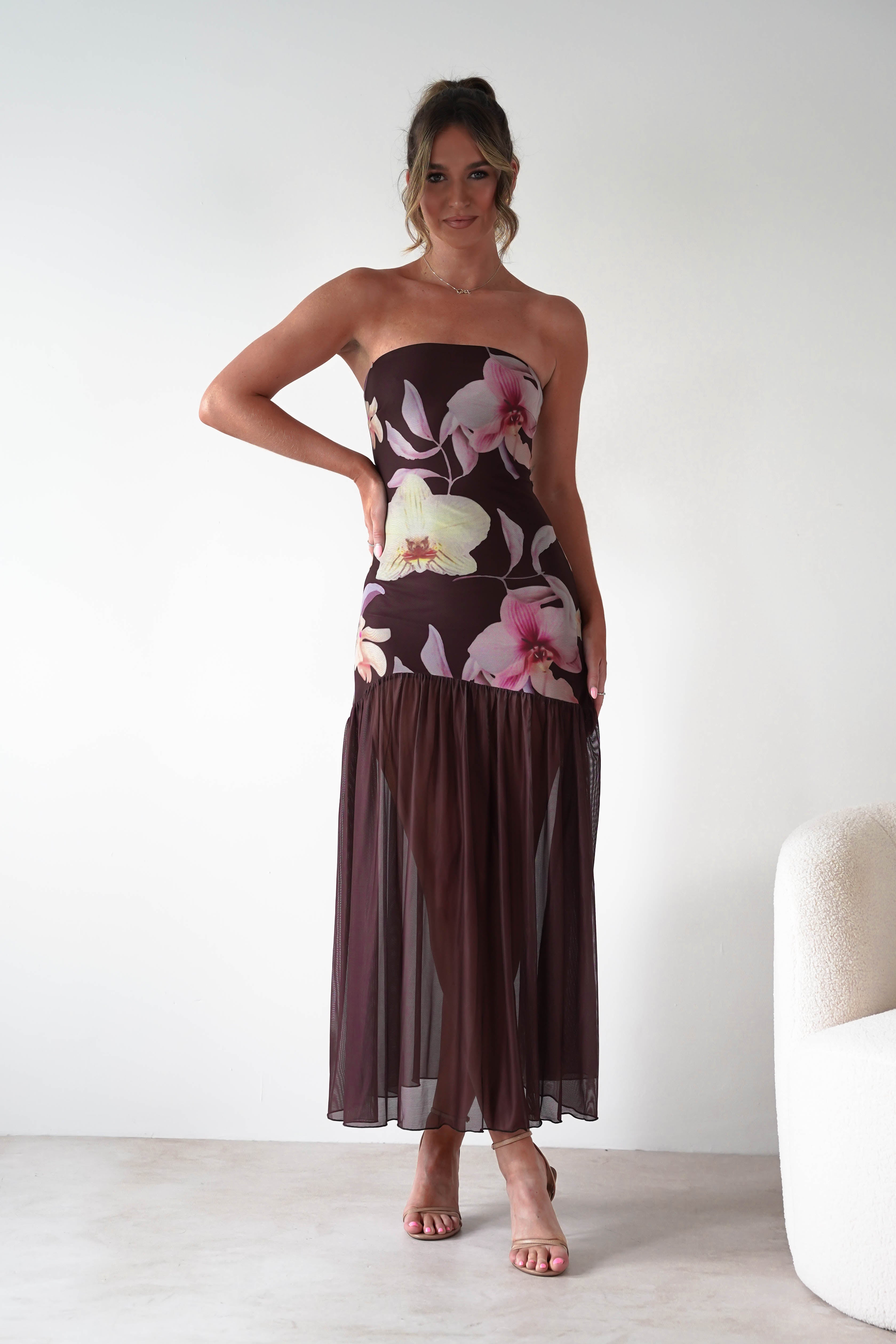 sasha Dresses Khalani Strapless Midaxi Dress | Brown Floral