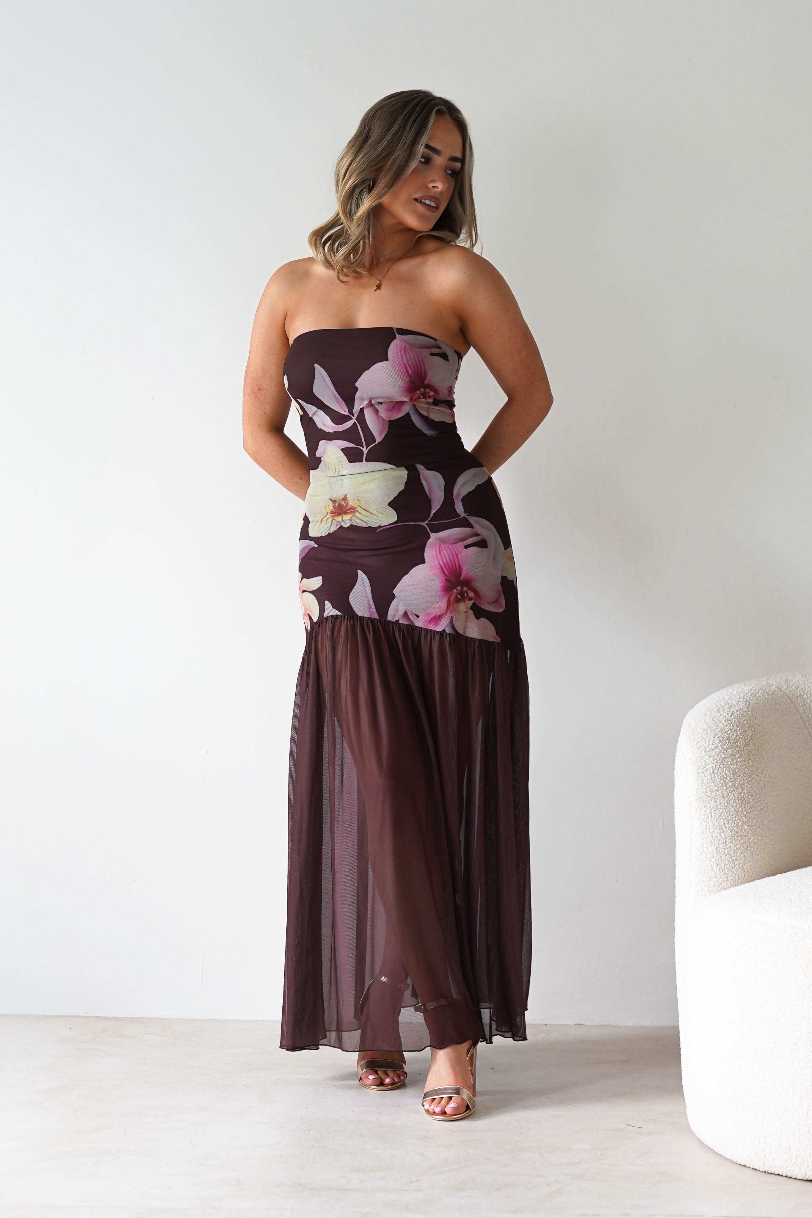 sasha Dresses Khalani Strapless Midaxi Dress | Brown Floral