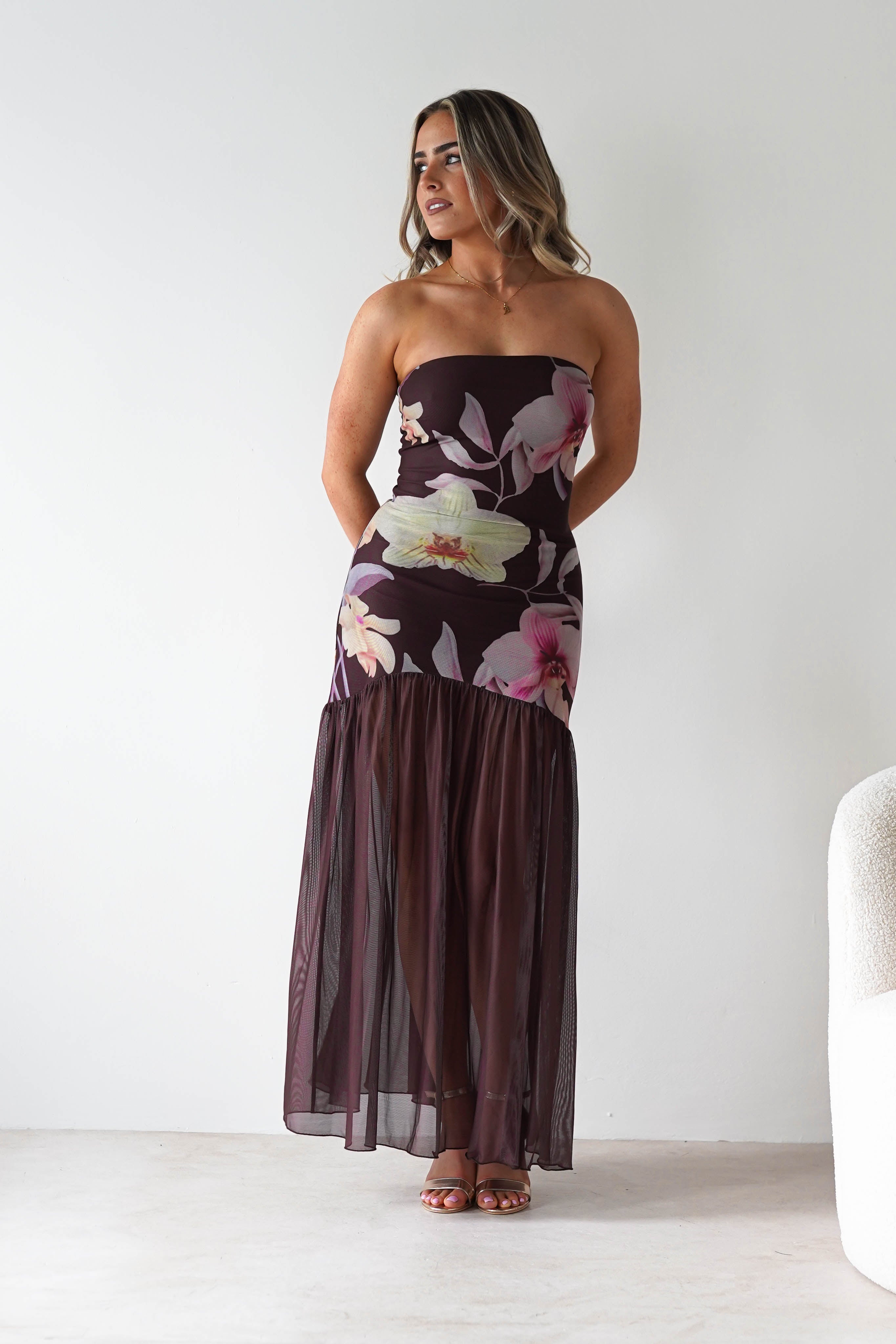 sasha Dresses Khalani Strapless Midaxi Dress | Brown Floral