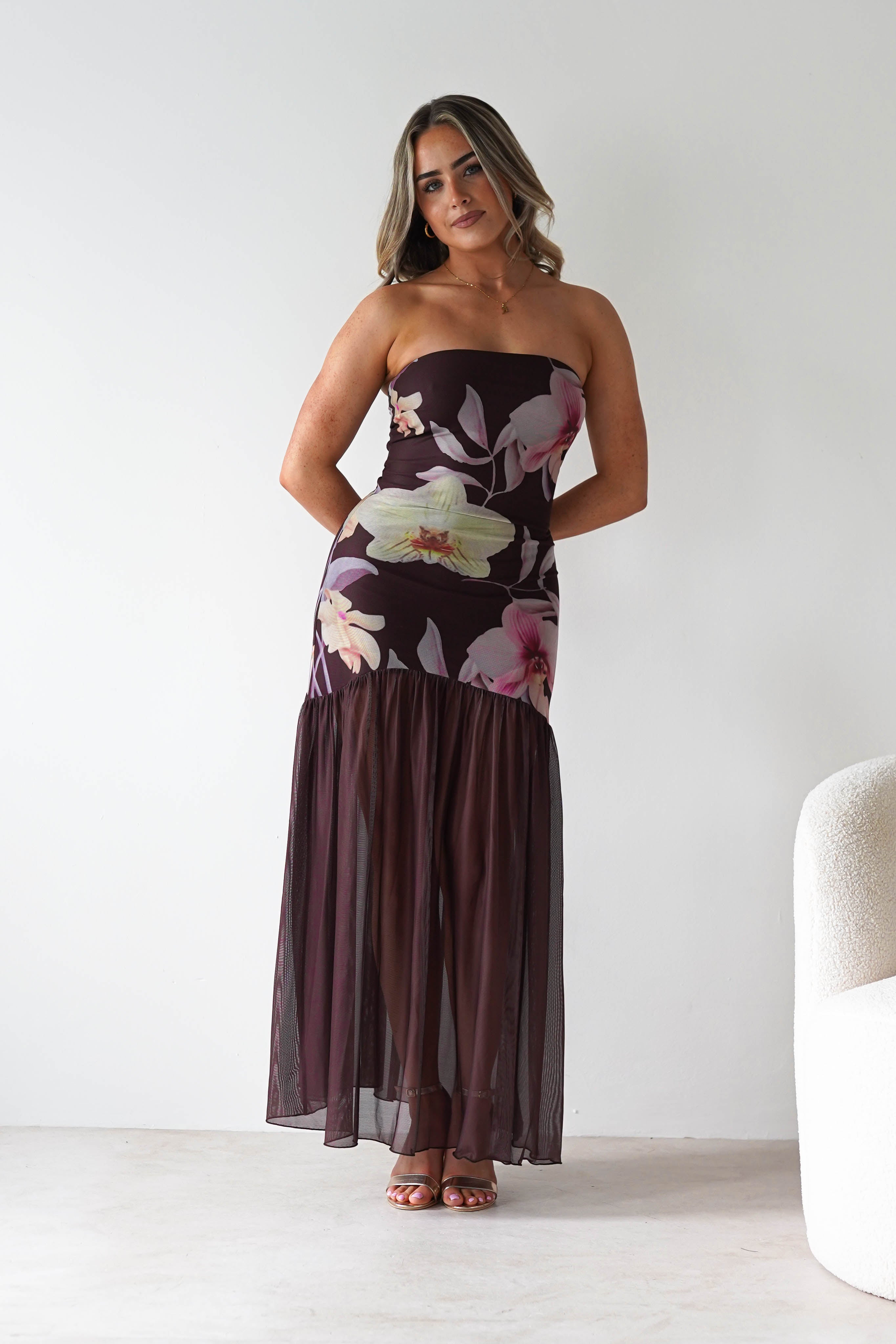 sasha Dresses Khalani Strapless Midaxi Dress | Brown Floral