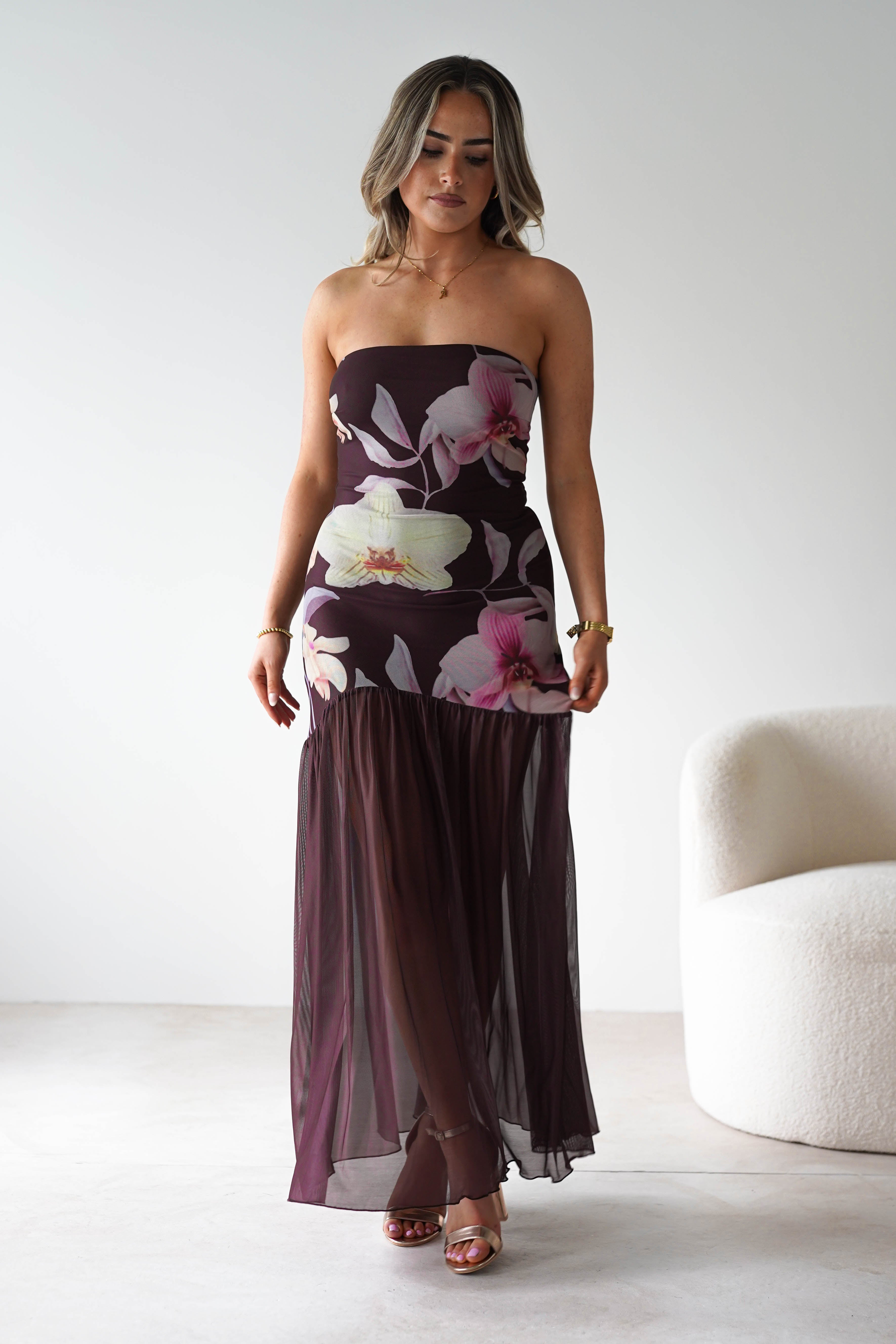 sasha Dresses Khalani Strapless Midaxi Dress | Brown Floral