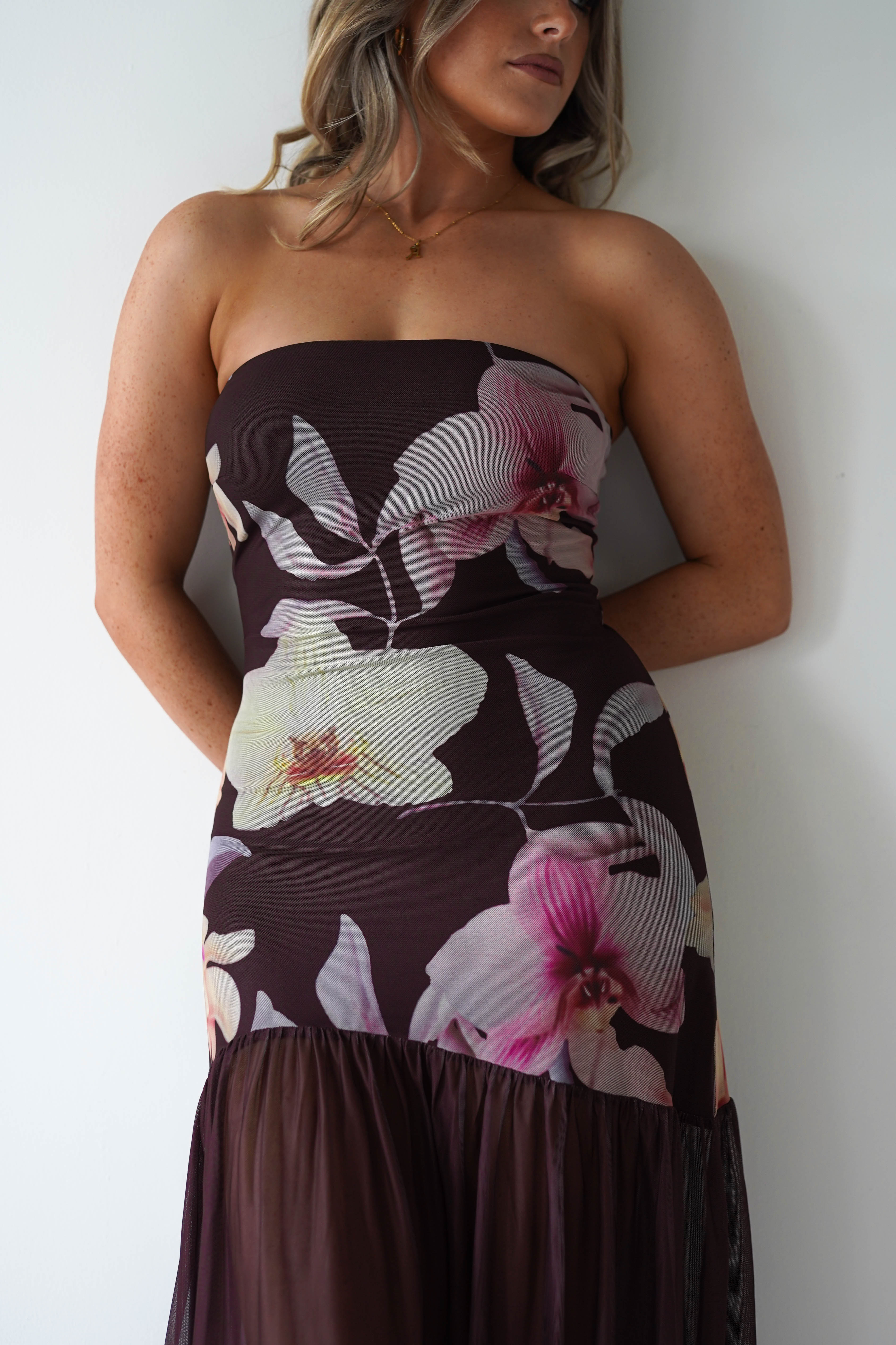 sasha Dresses Khalani Strapless Midaxi Dress | Brown Floral
