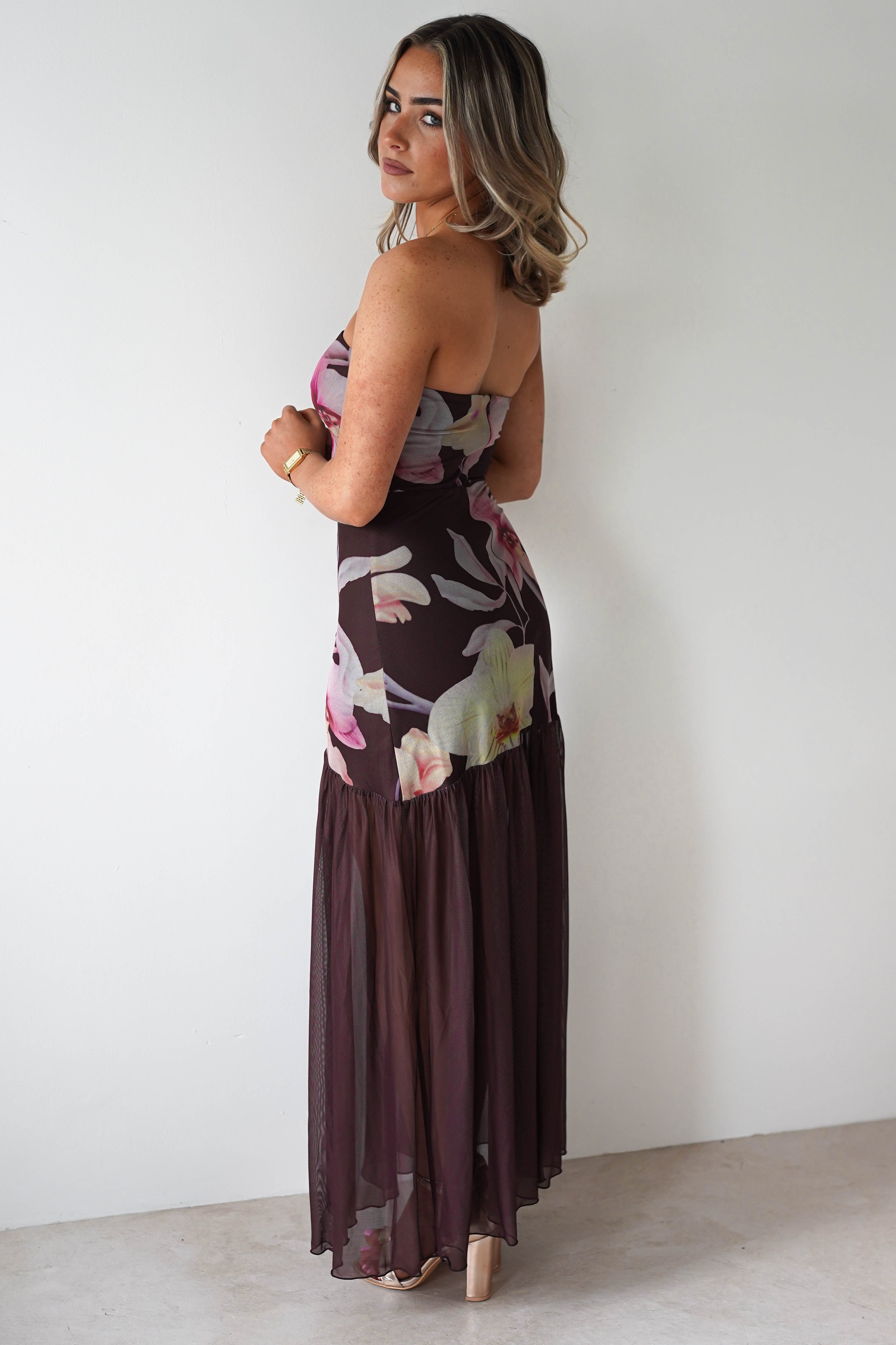 sasha Dresses Khalani Strapless Midaxi Dress | Brown Floral