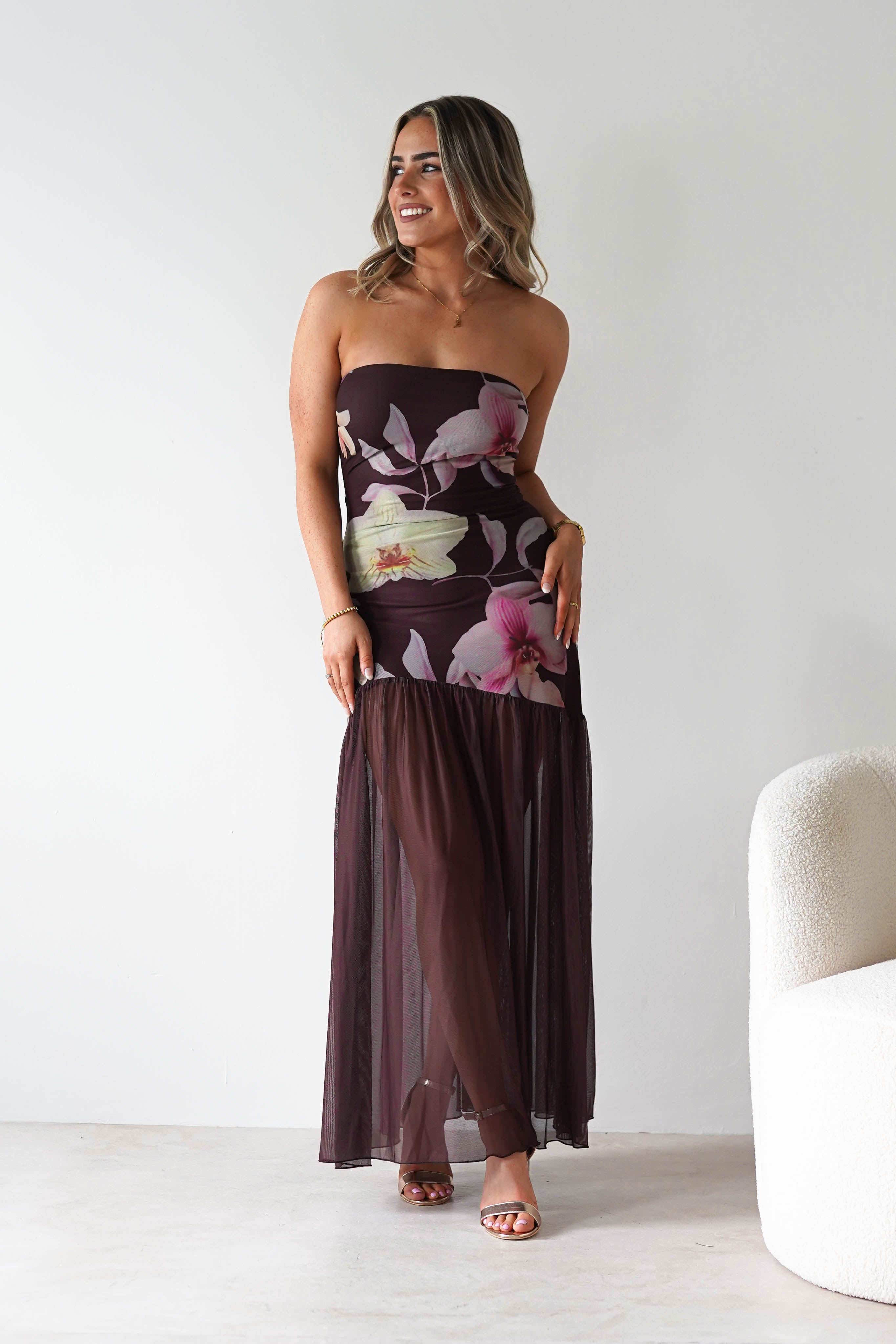 sasha Dresses Khalani Strapless Midaxi Dress | Brown Floral