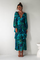 Kiyah Long Sleeve Maxi  | Green Print - Oh Hello Clothing