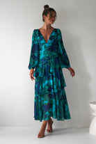 Kiyah Long Sleeve Maxi  | Green Print - Oh Hello Clothing
