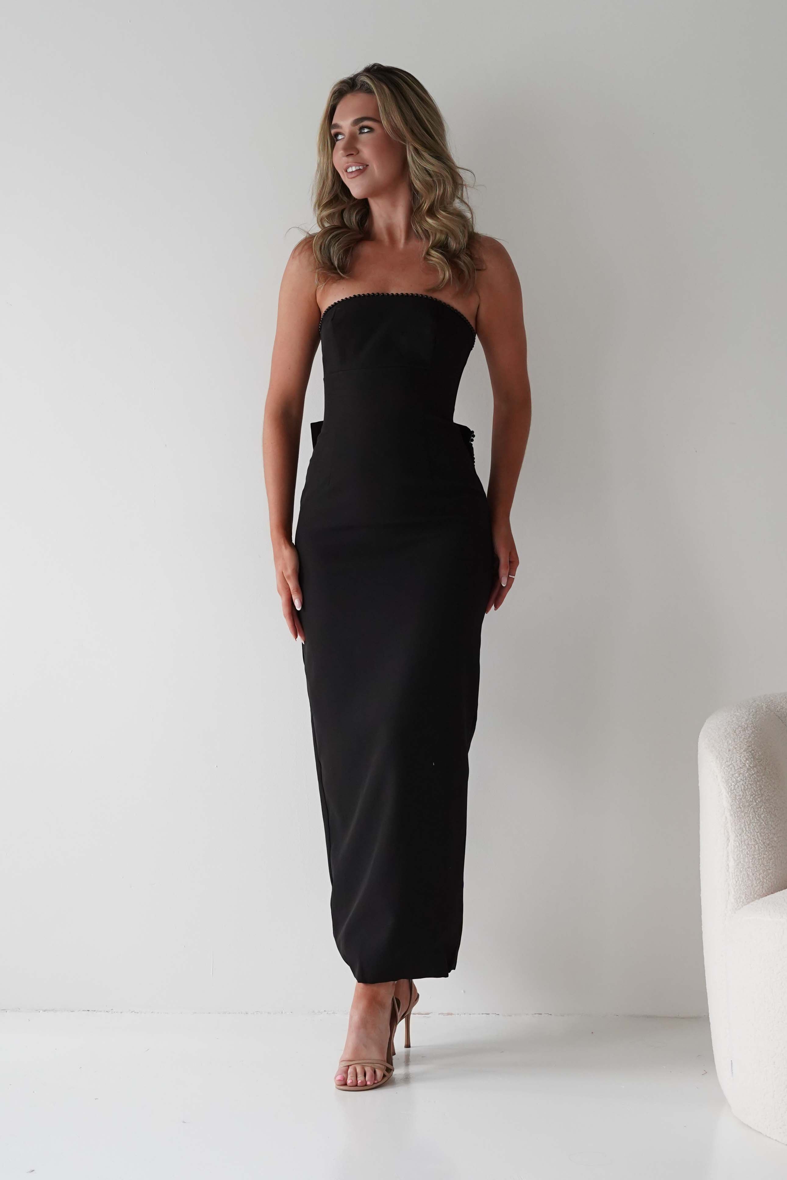 LUXXEL Dresses Louisiana Pearl Bow Strapless Dress | Black