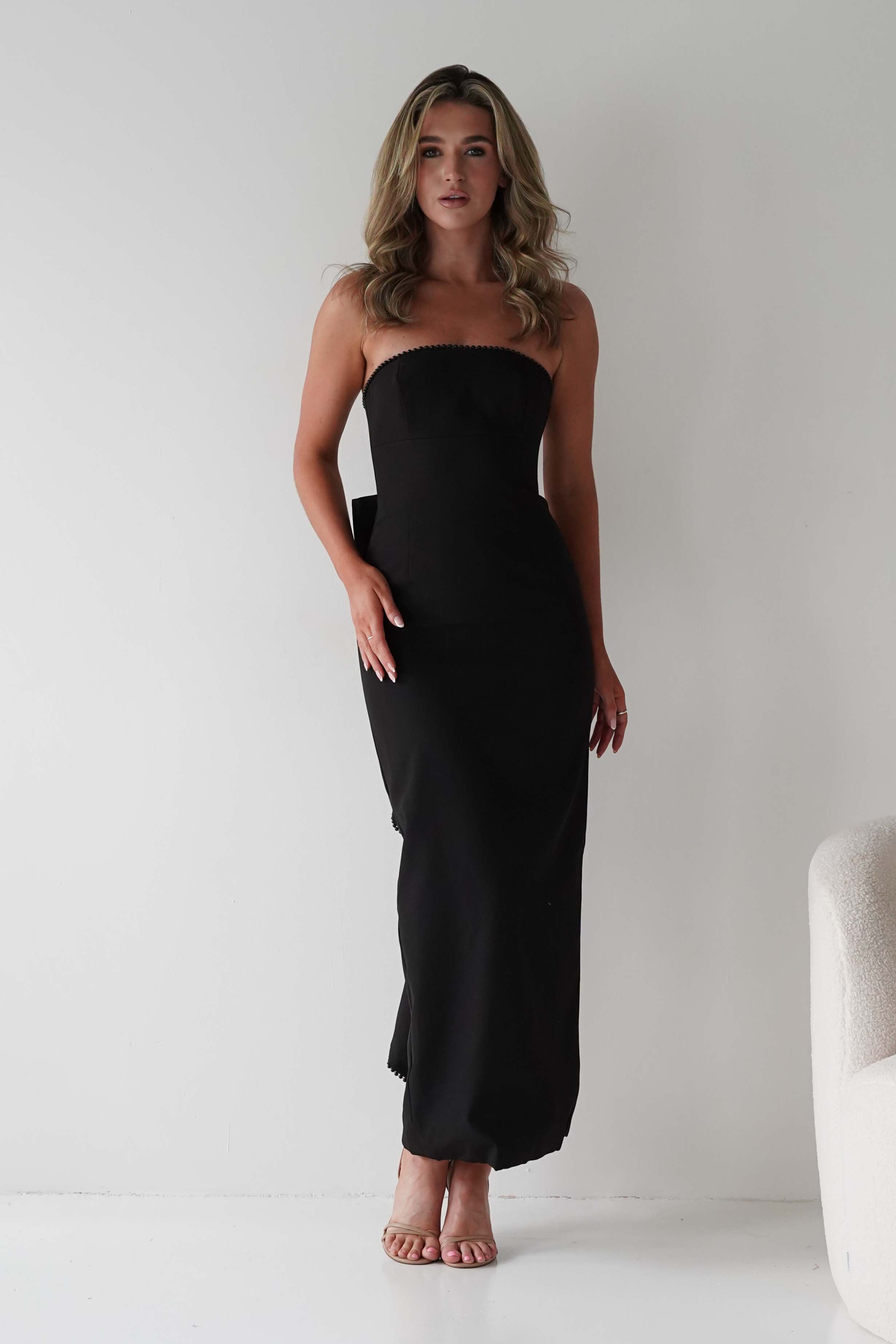 LUXXEL Dresses Louisiana Pearl Bow Strapless Dress | Black