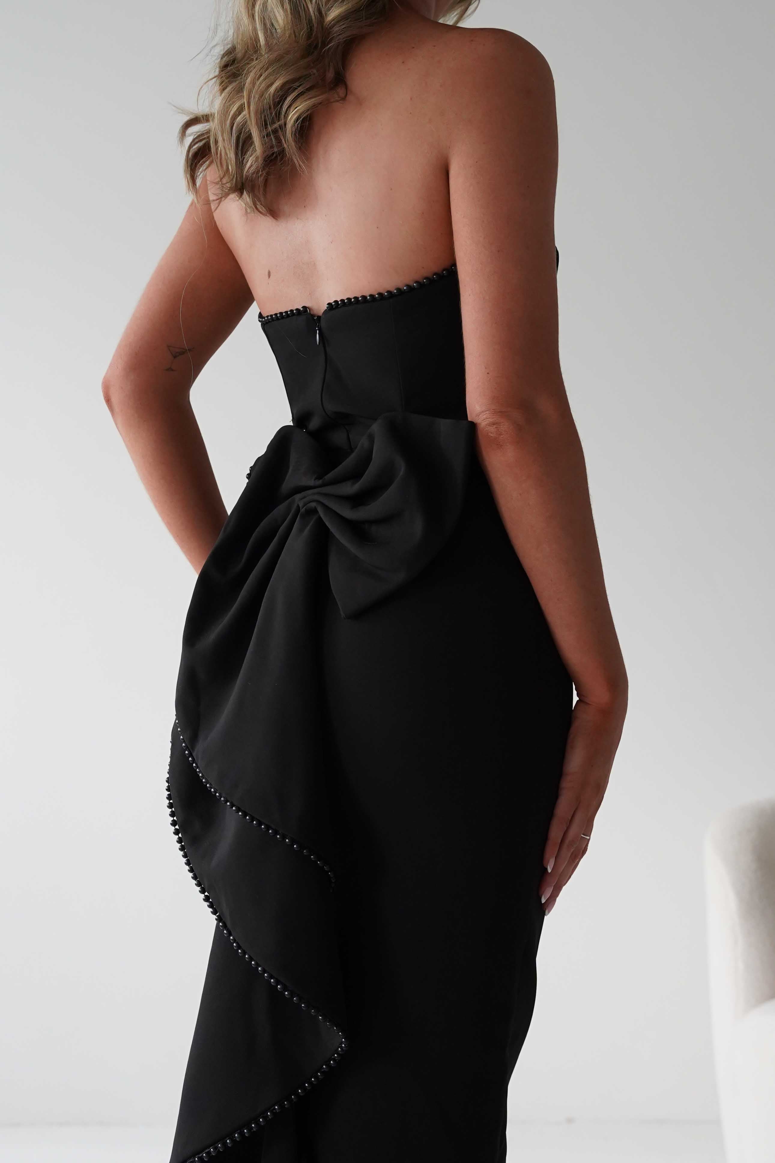 LUXXEL Dresses Louisiana Pearl Bow Strapless Dress | Black