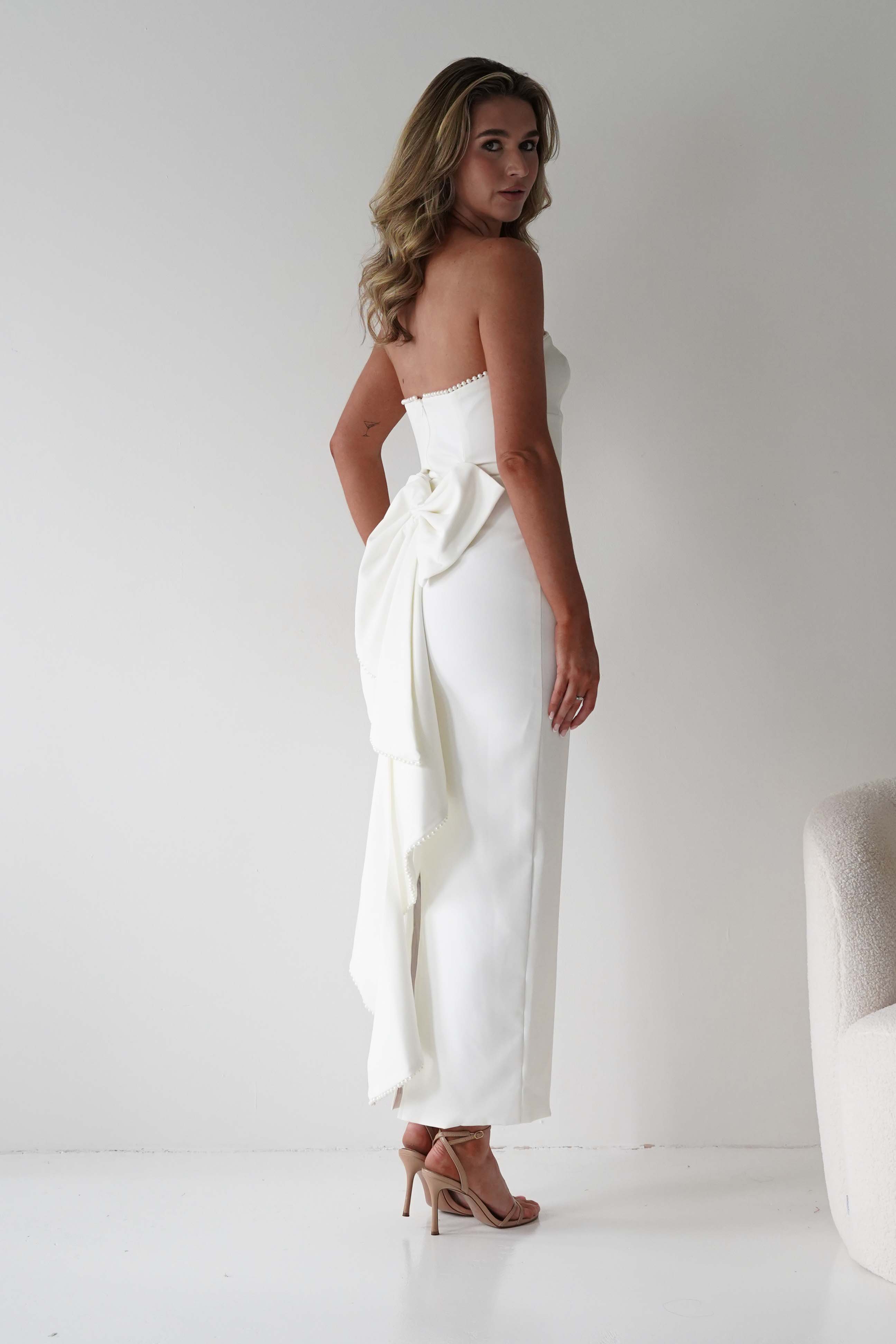 LUXXEL Dresses Louisiana Pearl Bow Strapless Dress | White
