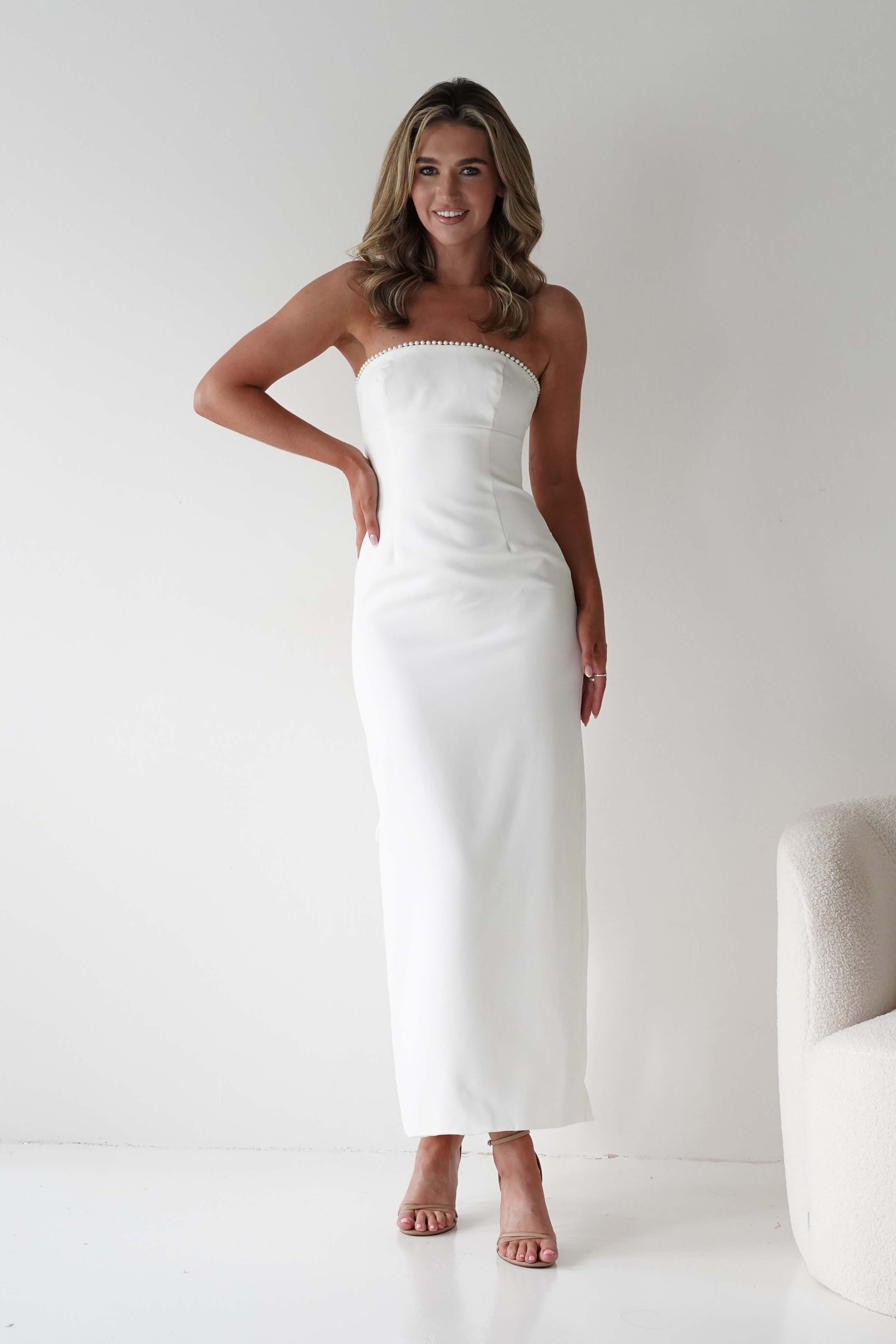 LUXXEL Dresses Louisiana Pearl Bow Strapless Dress | White