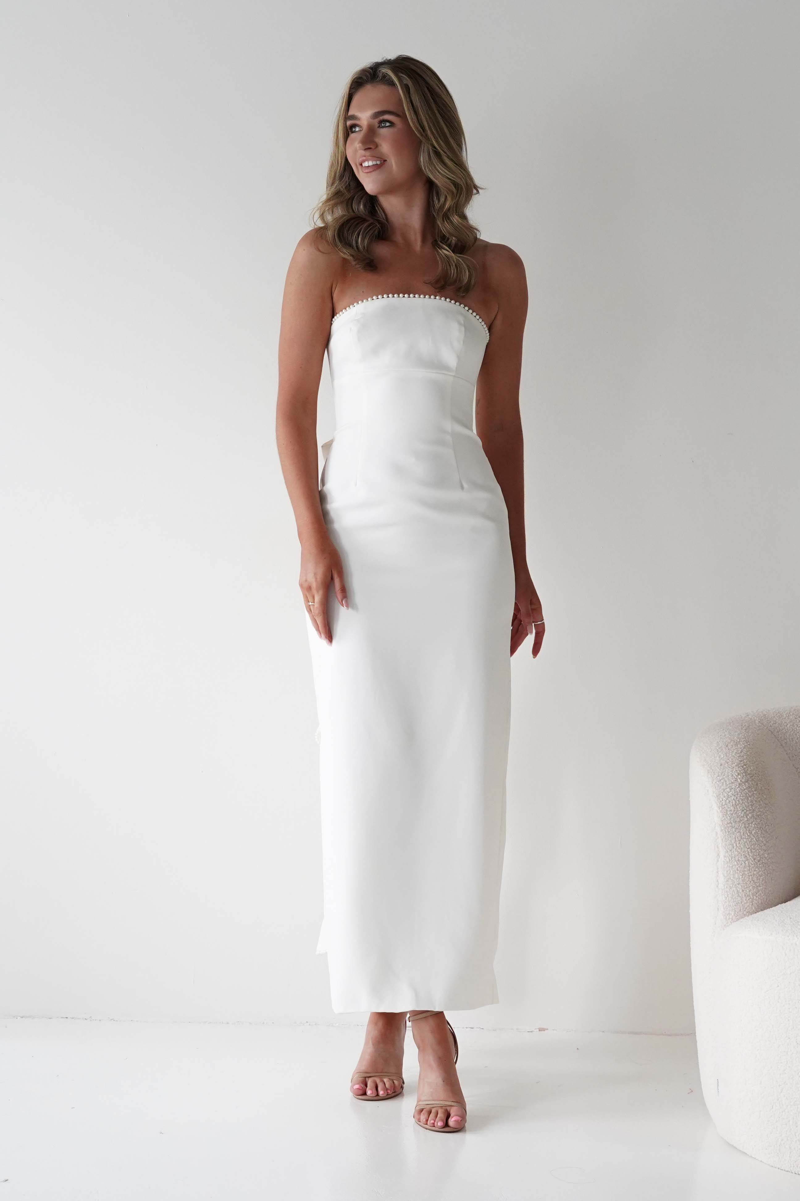 LUXXEL Dresses Louisiana Pearl Bow Strapless Dress | White