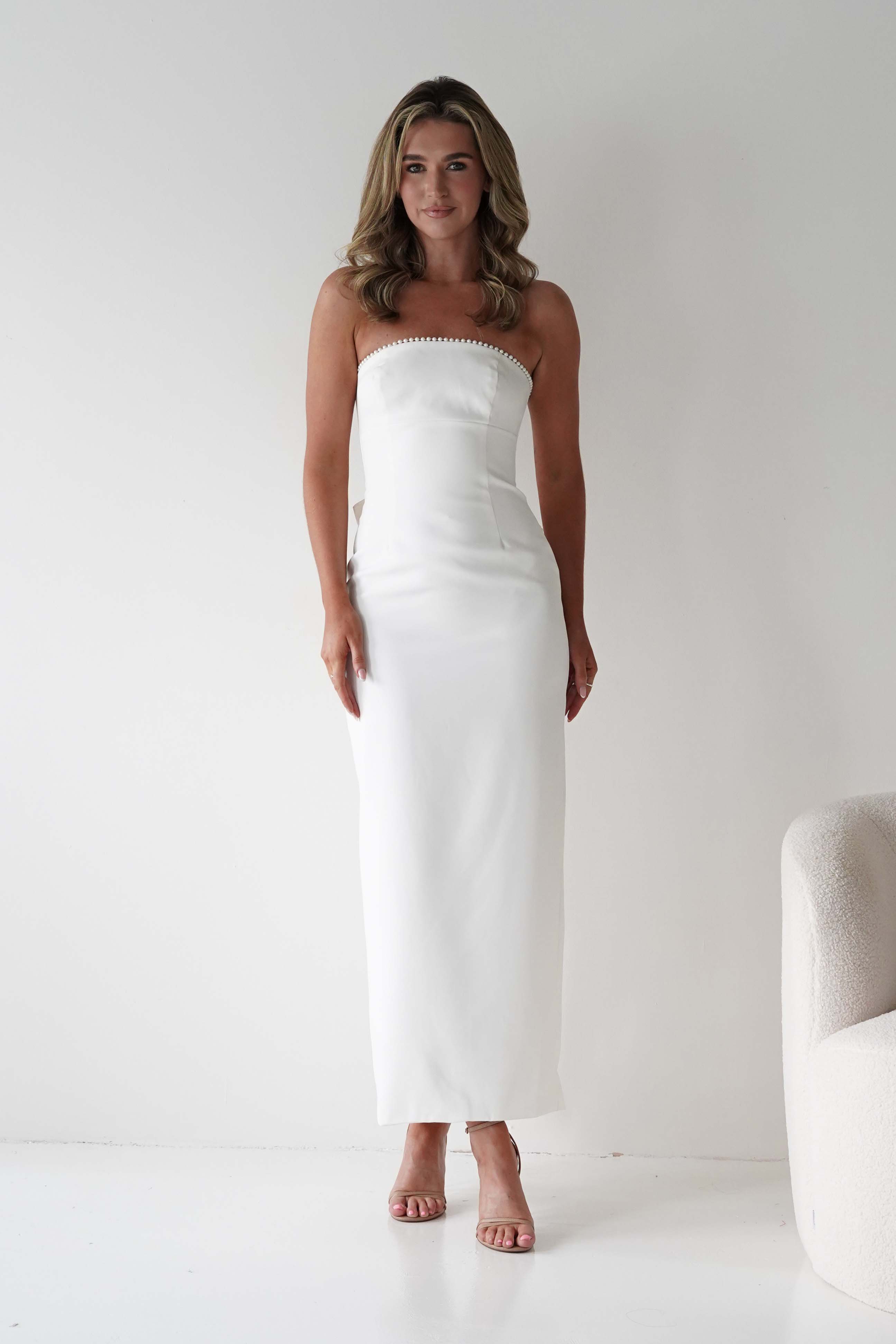 LUXXEL Dresses Louisiana Pearl Bow Strapless Dress | White