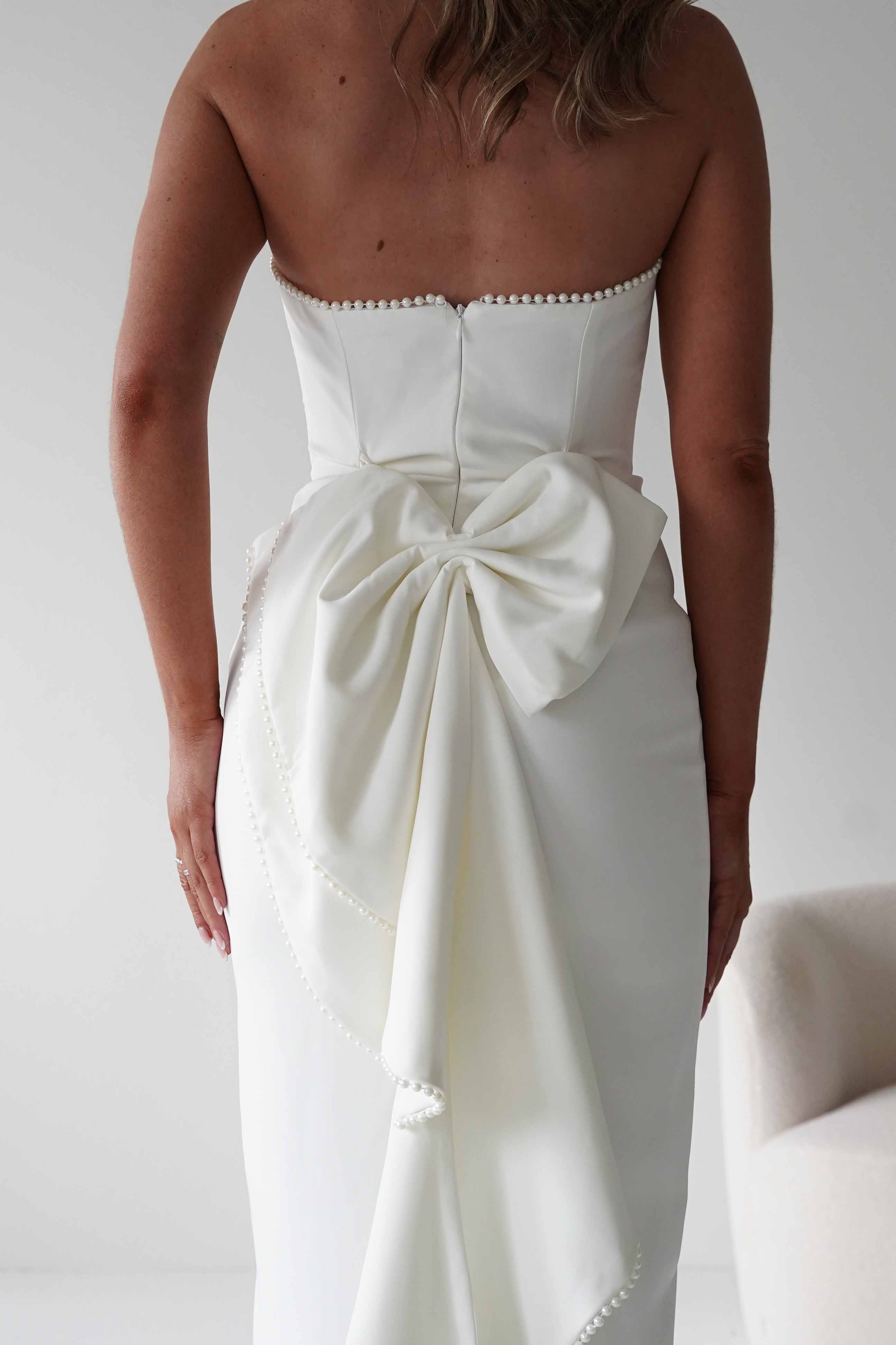LUXXEL Dresses Louisiana Pearl Bow Strapless Dress | White