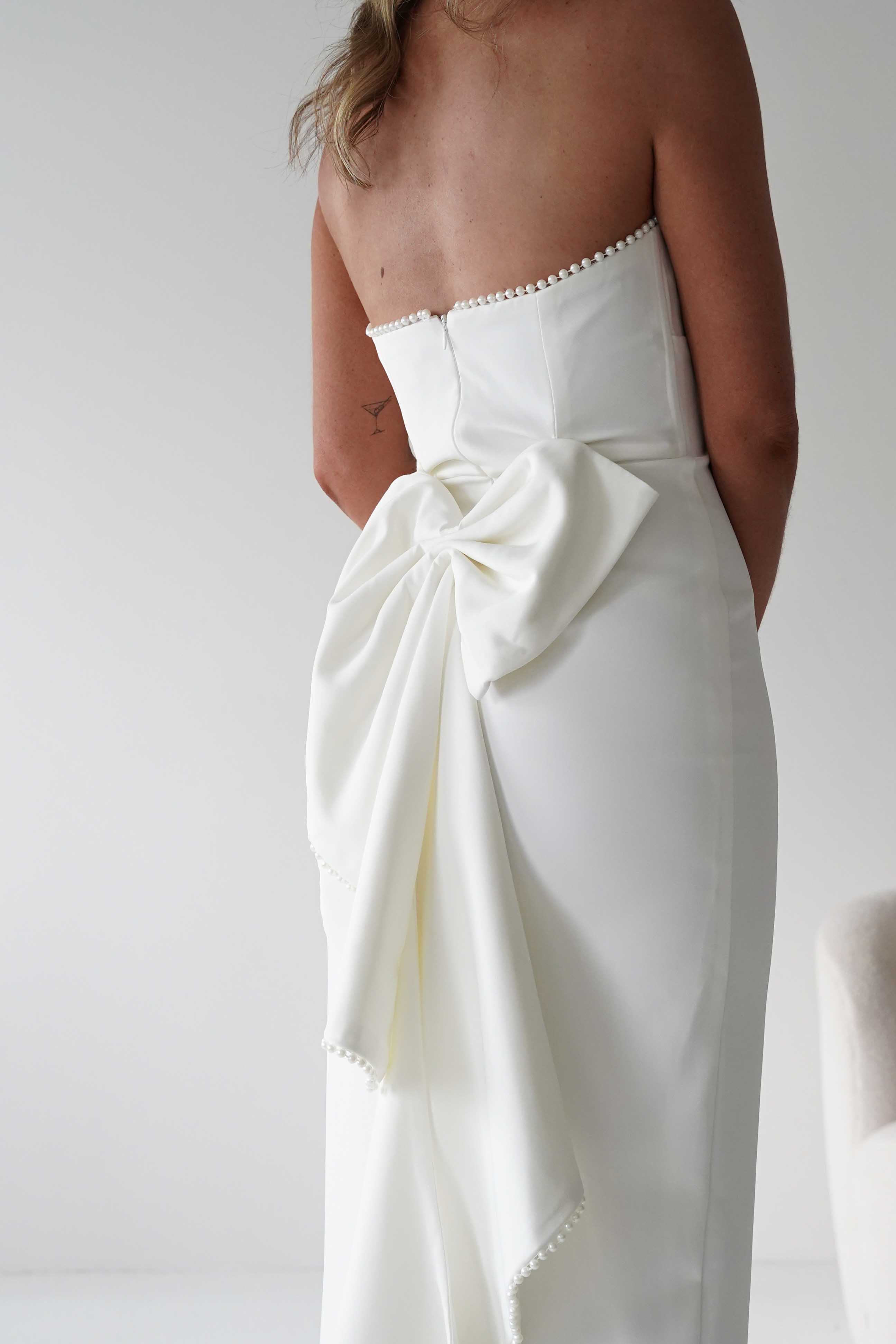 LUXXEL Dresses Louisiana Pearl Bow Strapless Dress | White