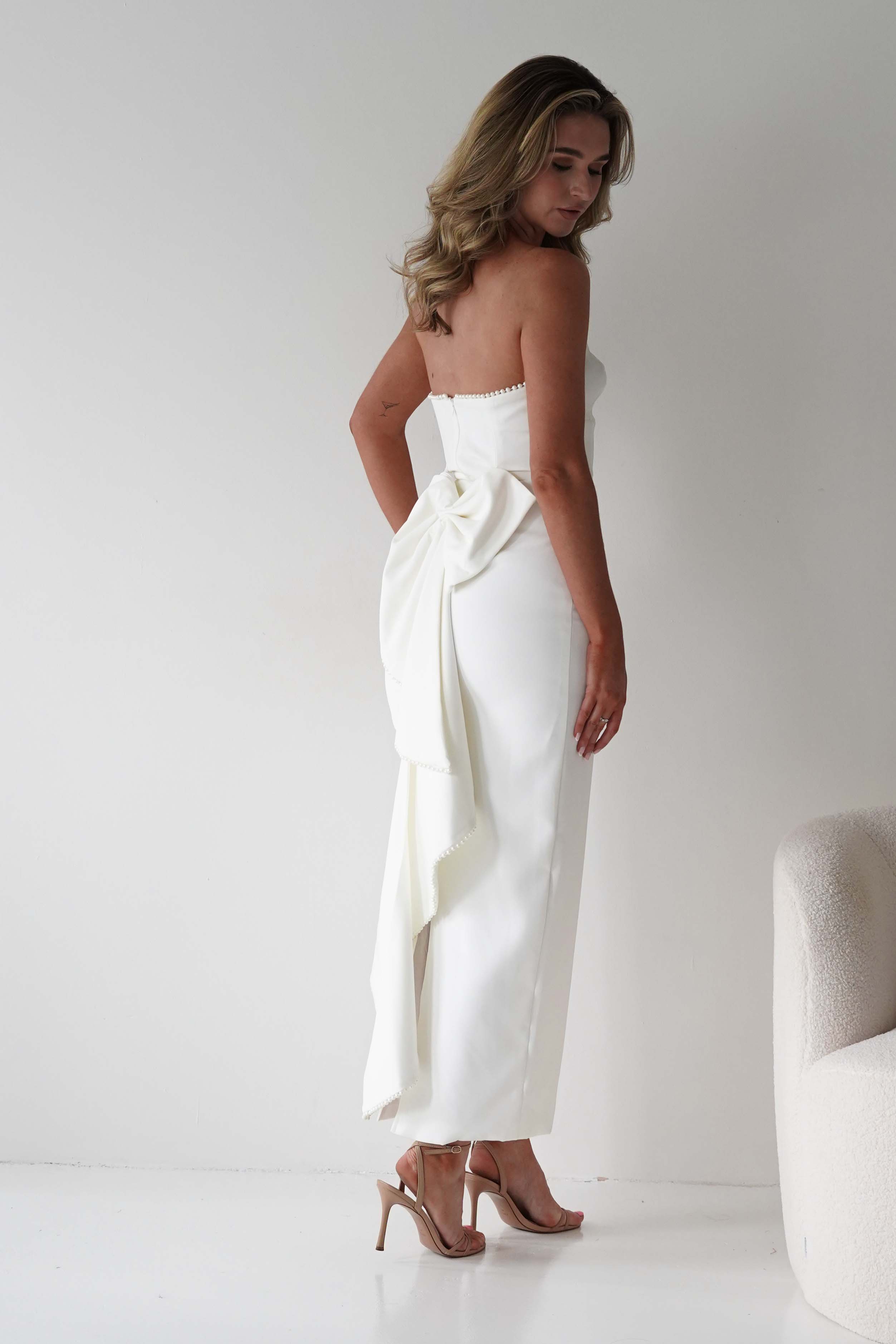 LUXXEL Dresses Louisiana Pearl Bow Strapless Dress | White