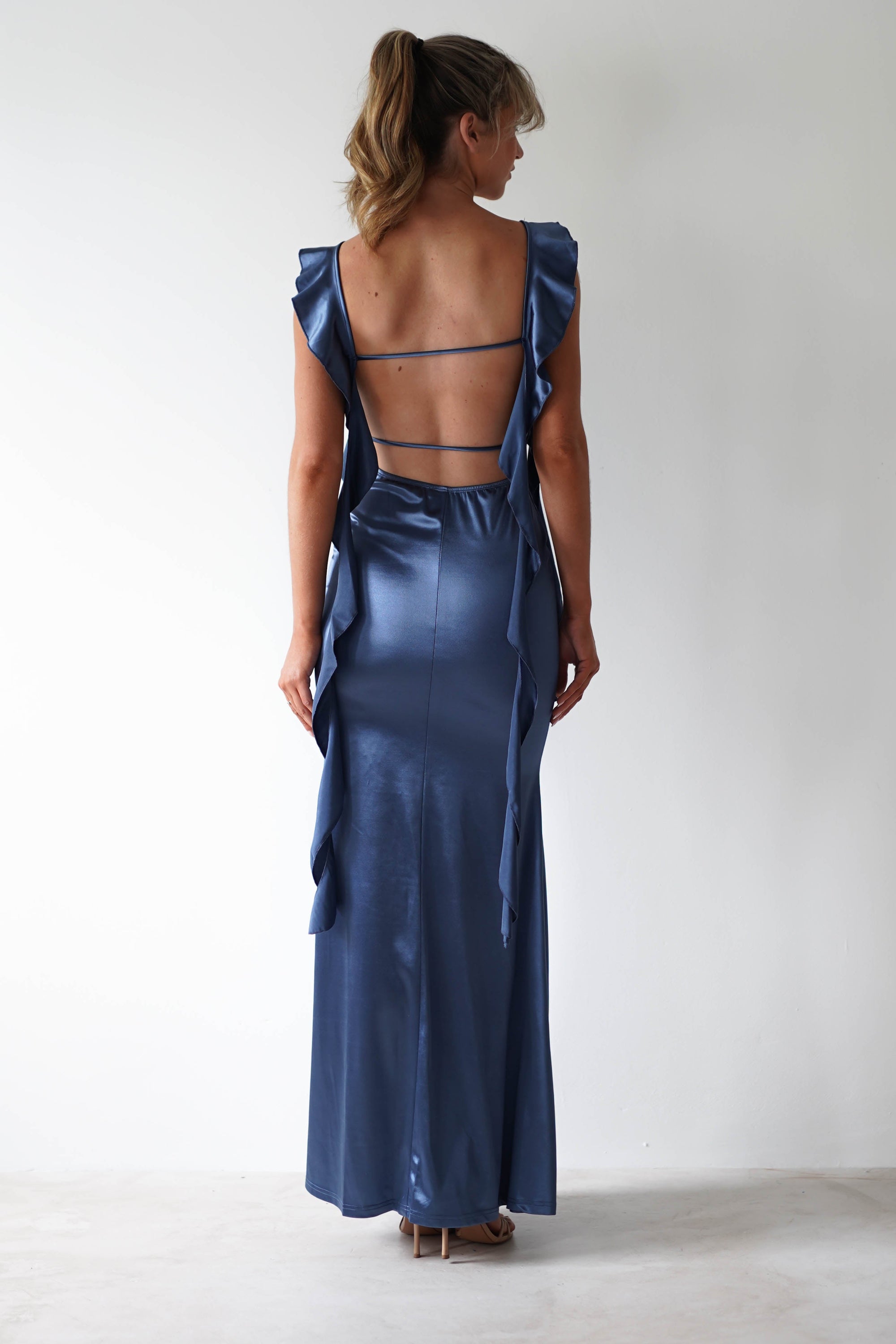 Mabel Satin Bodycon Maxi Dress | Blue | Oh Hello Clothing | S (8)