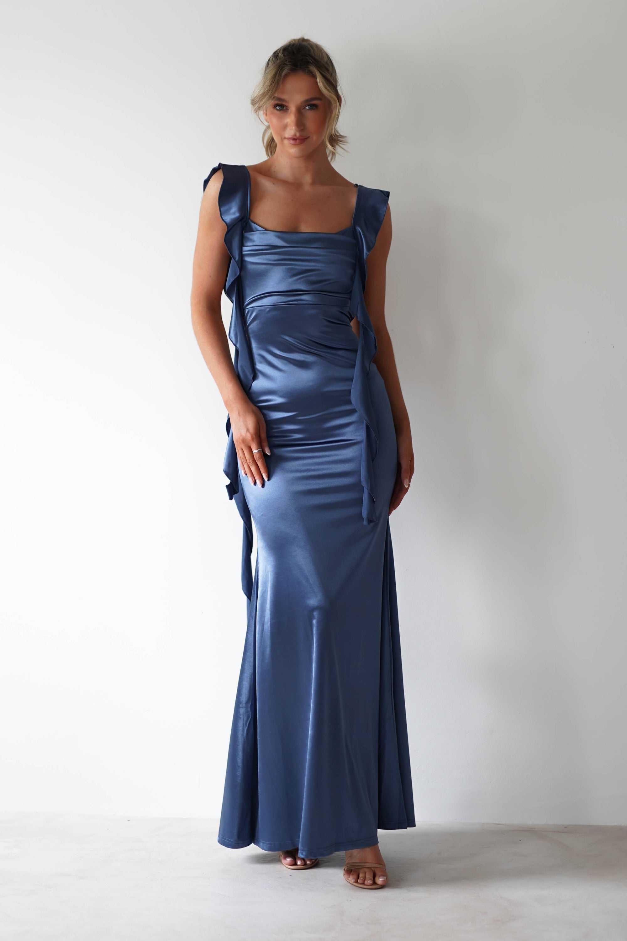 LOVESOME On Sale Mabel Satin Bodycon Maxi Dress | Blue