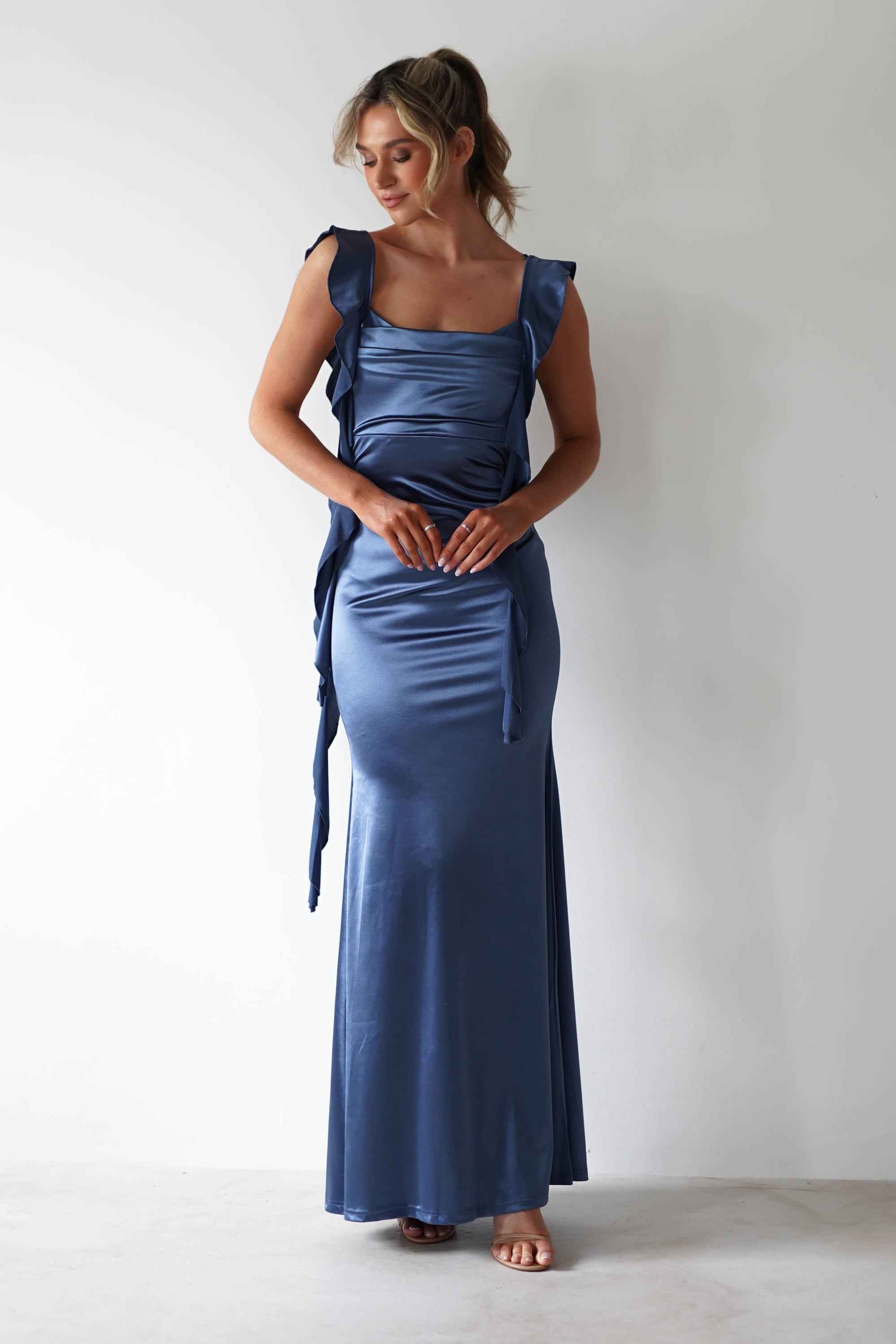LOVESOME On Sale Mabel Satin Bodycon Maxi Dress | Blue