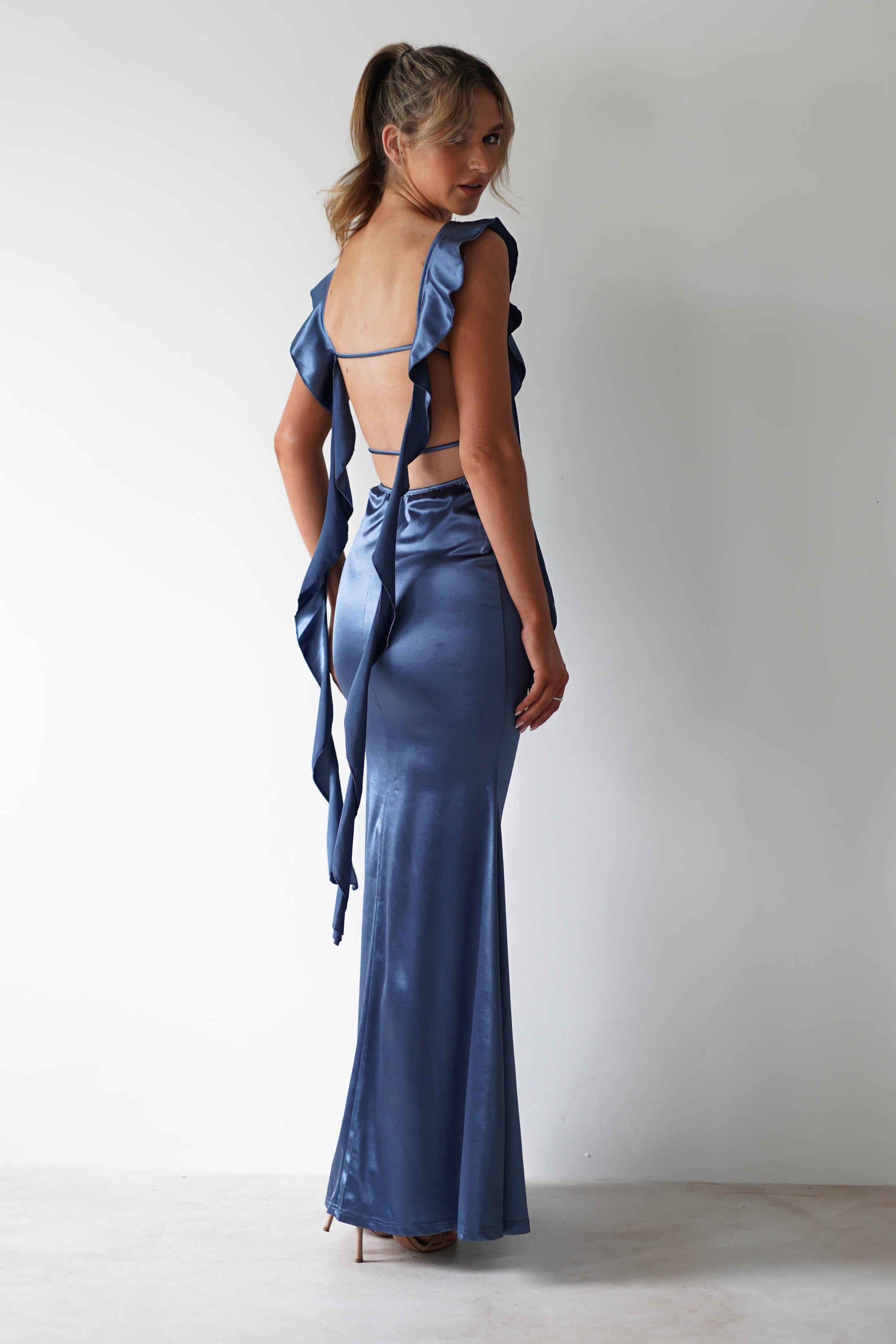Mabel Satin Bodycon Maxi Dress | Blue | Oh Hello Clothing | S (8)