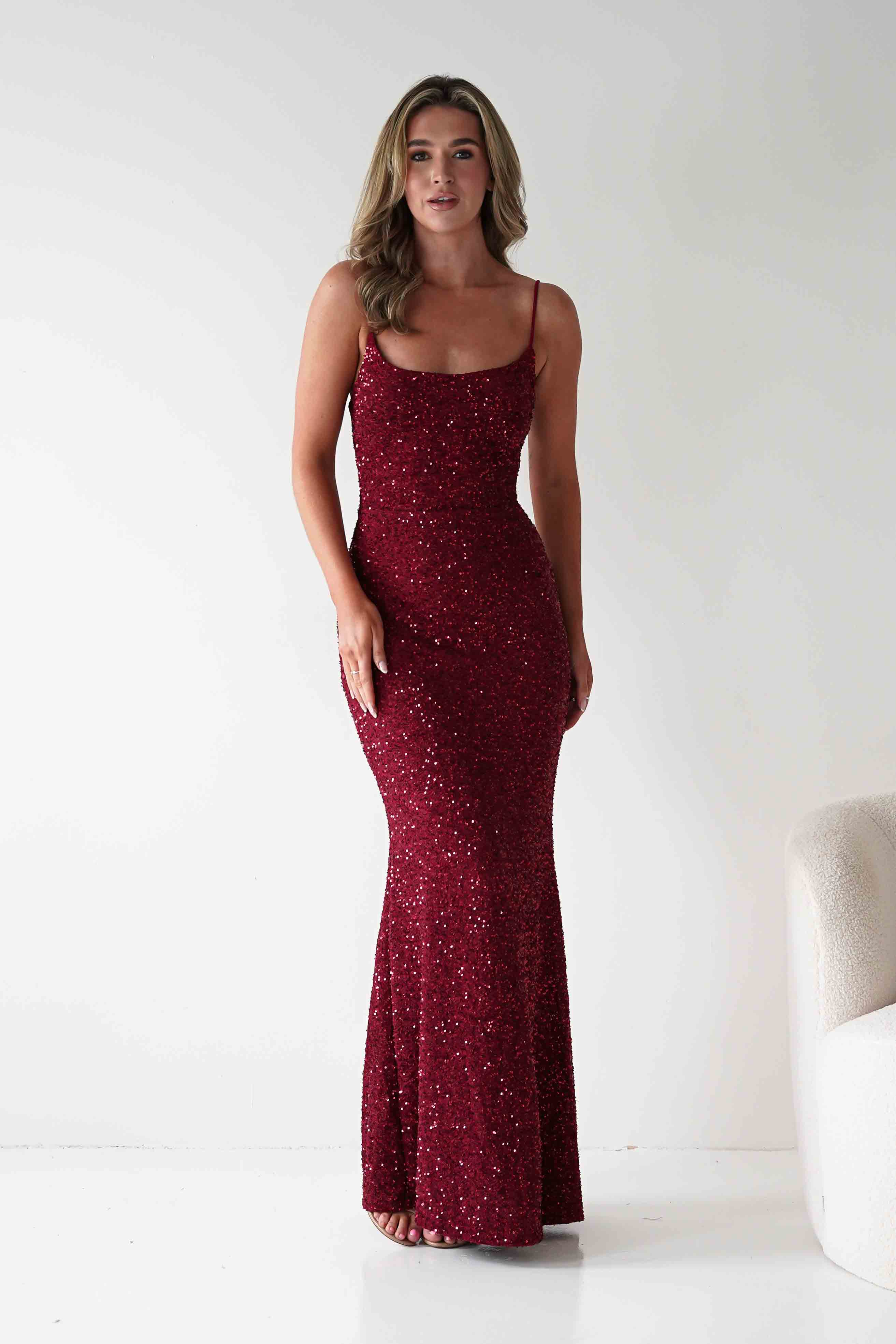 Vera & Lucy Dresses Maria Sequin Bodycon Maxi Gown | Dark Red