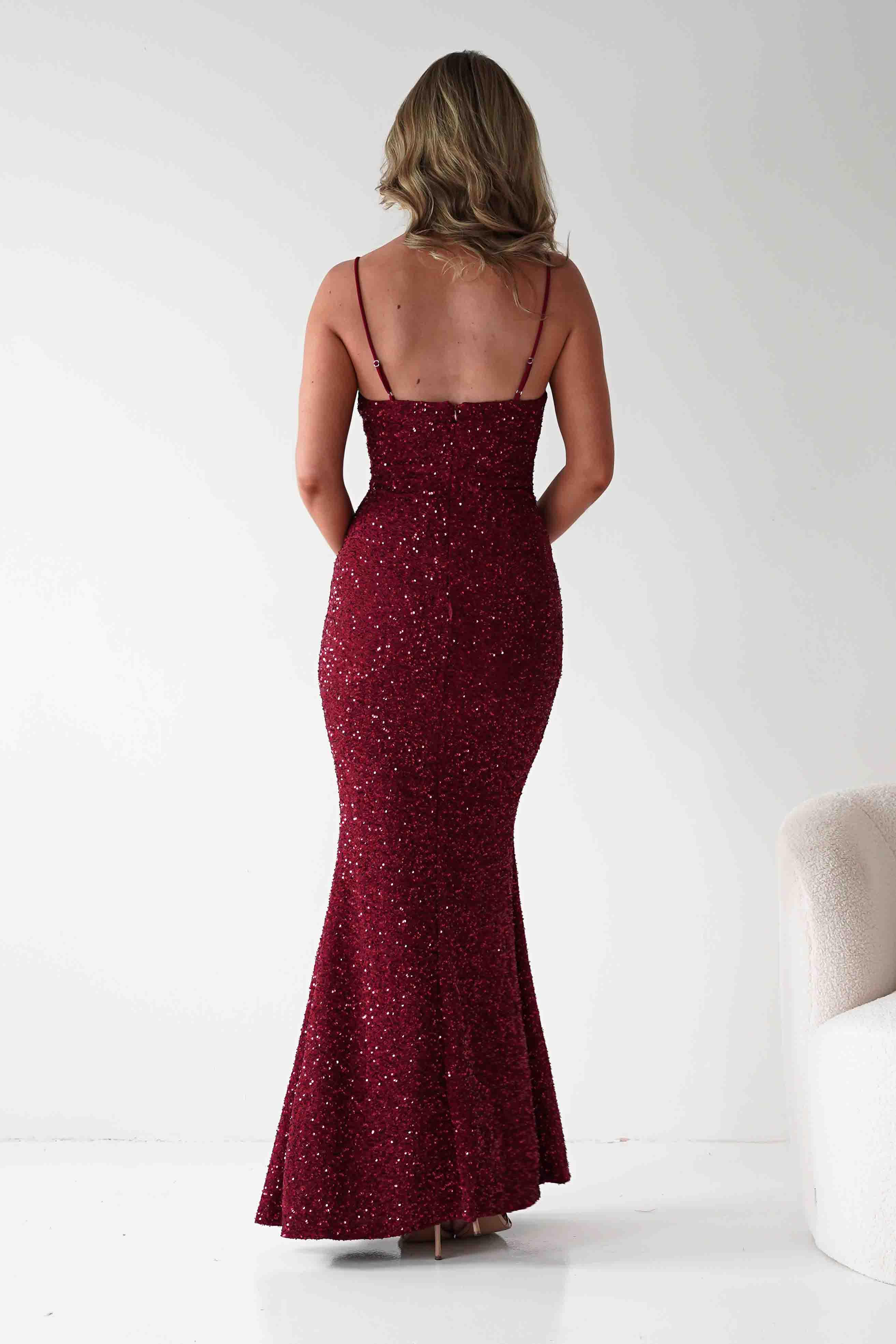 Vera & Lucy Dresses Maria Sequin Bodycon Maxi Gown | Dark Red