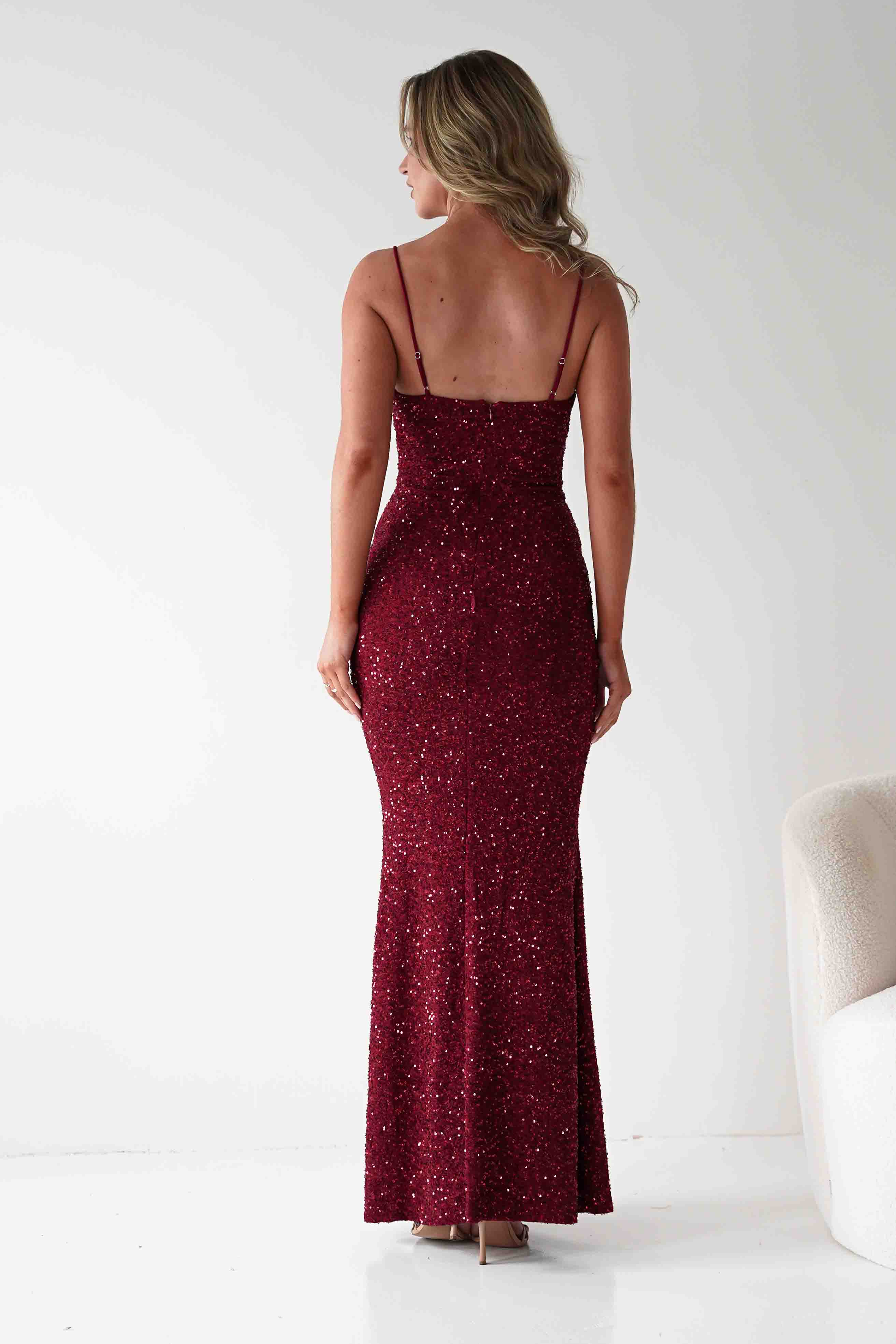 Vera & Lucy Dresses Maria Sequin Bodycon Maxi Gown | Dark Red