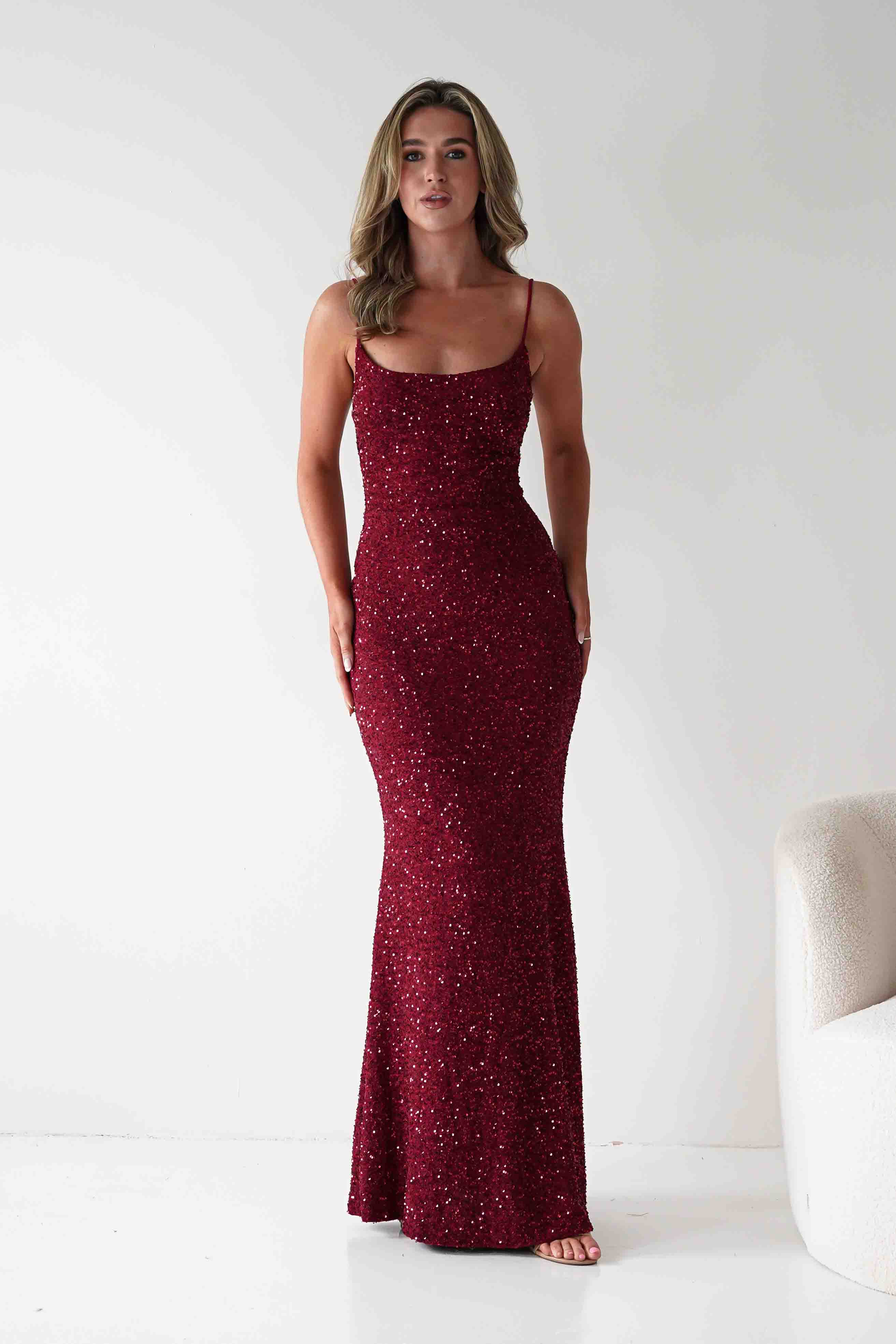 Vera & Lucy Dresses Maria Sequin Bodycon Maxi Gown | Dark Red