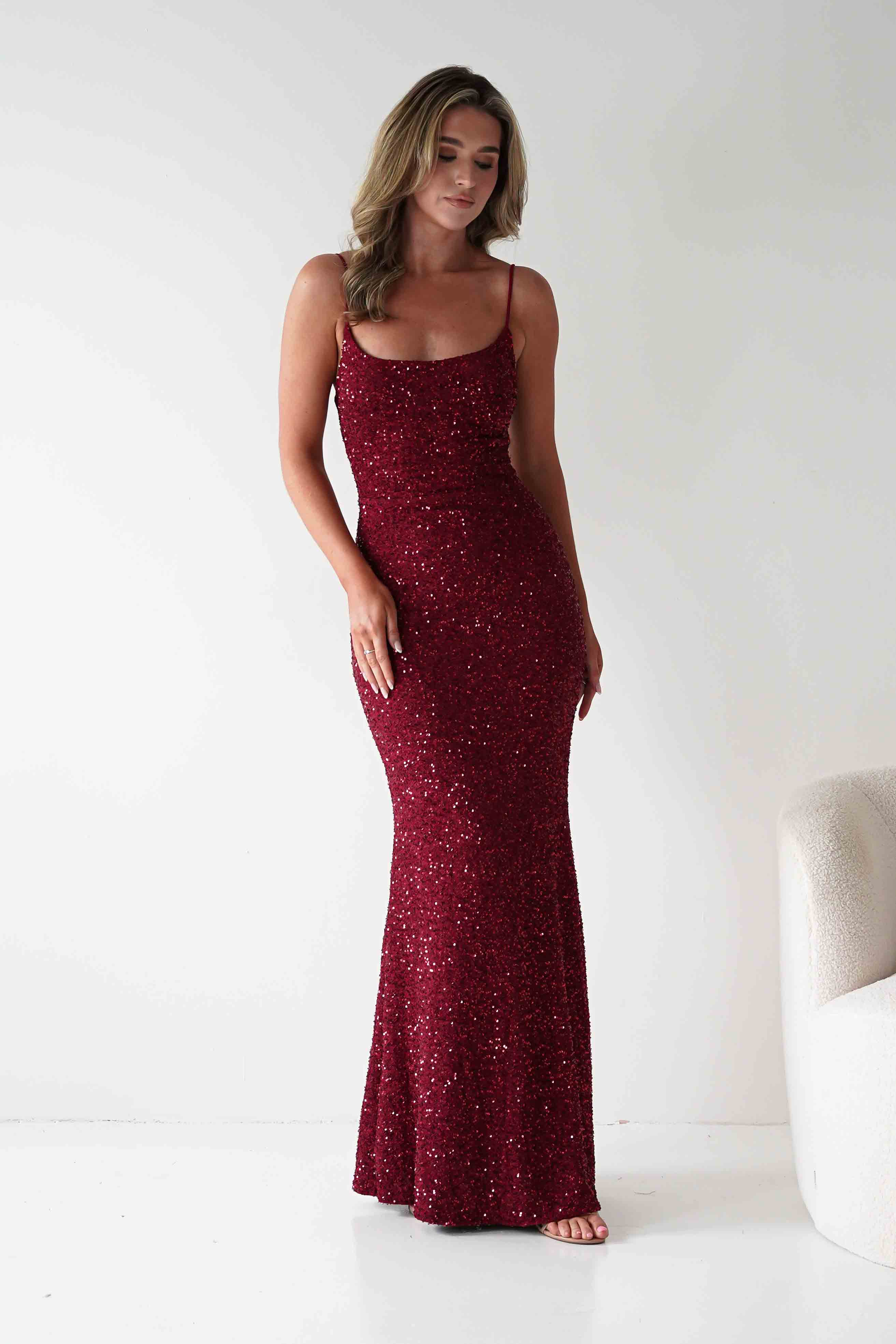 Vera & Lucy Dresses Maria Sequin Bodycon Maxi Gown | Dark Red
