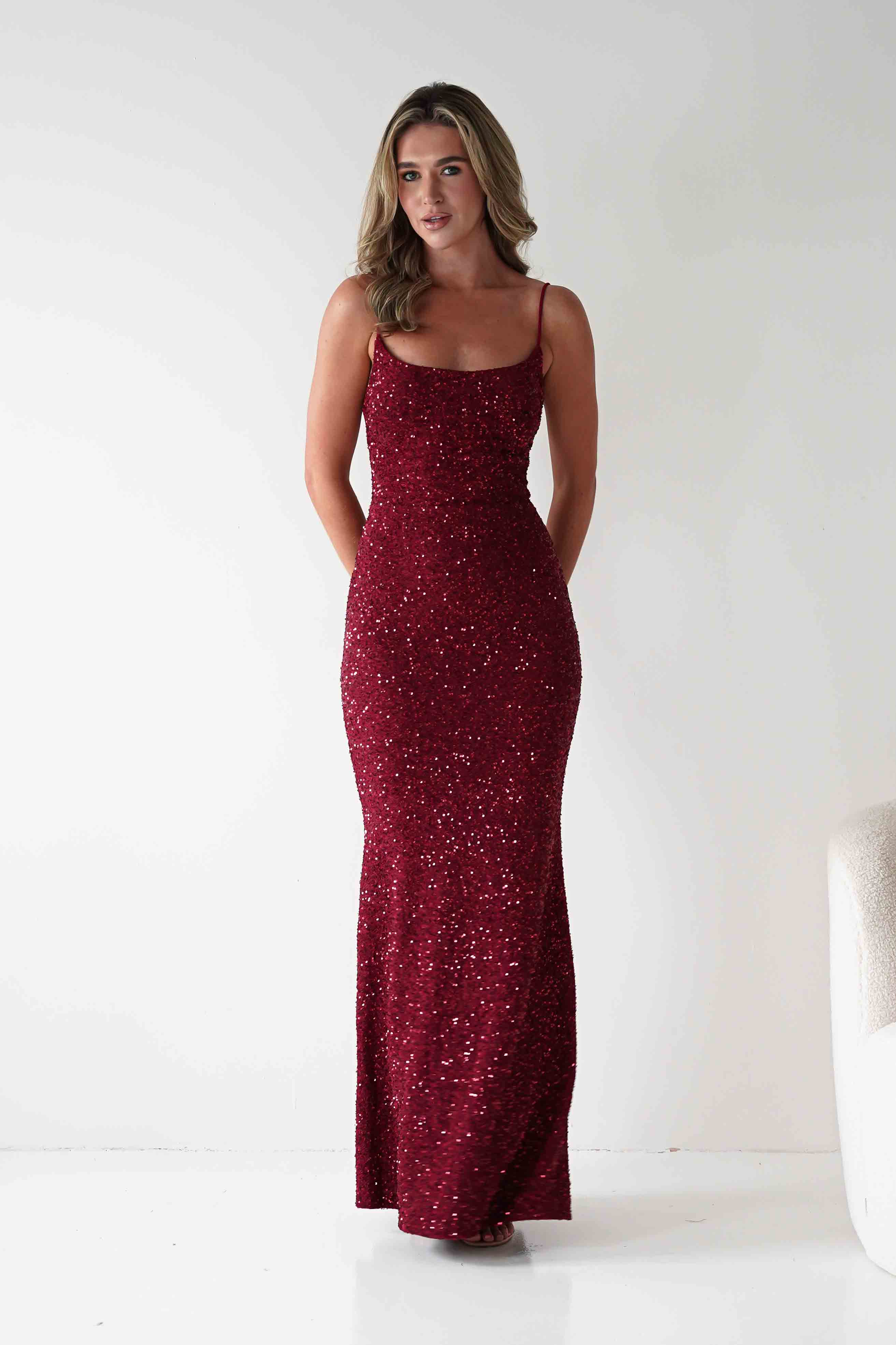 Vera & Lucy Dresses Maria Sequin Bodycon Maxi Gown | Dark Red
