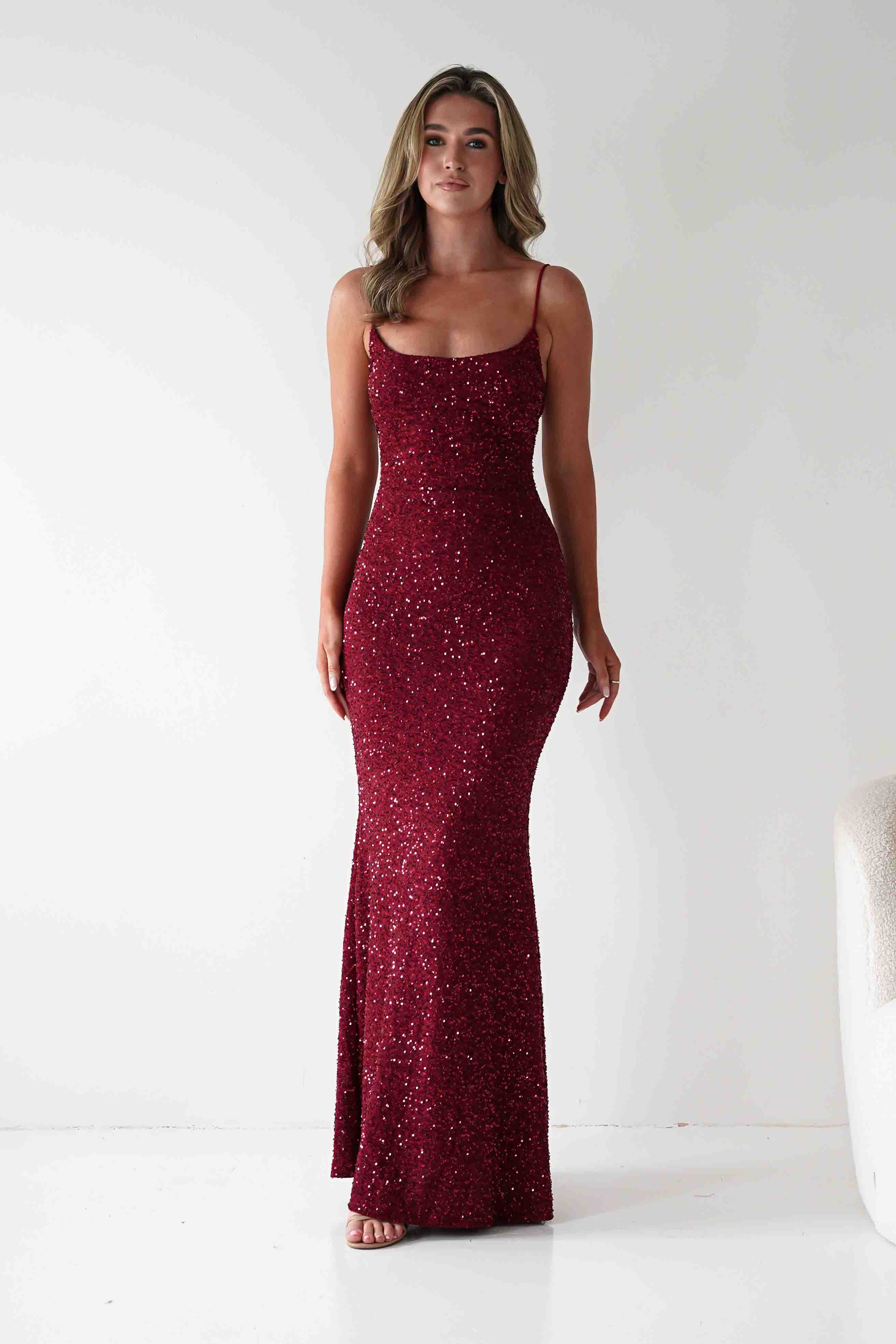 Vera & Lucy Dresses Maria Sequin Bodycon Maxi Gown | Dark Red